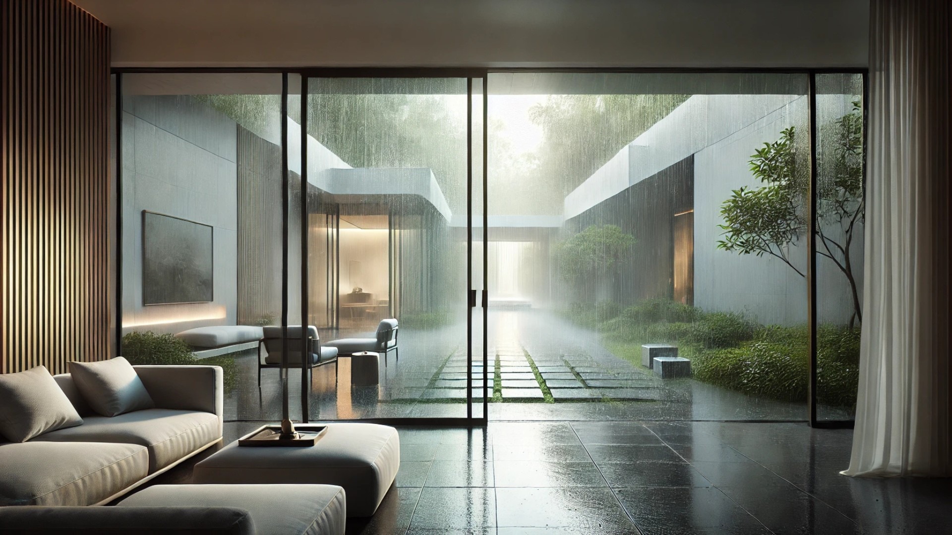 interior view from the Phimai Residence, looking out onto the rain-soaked courtyard