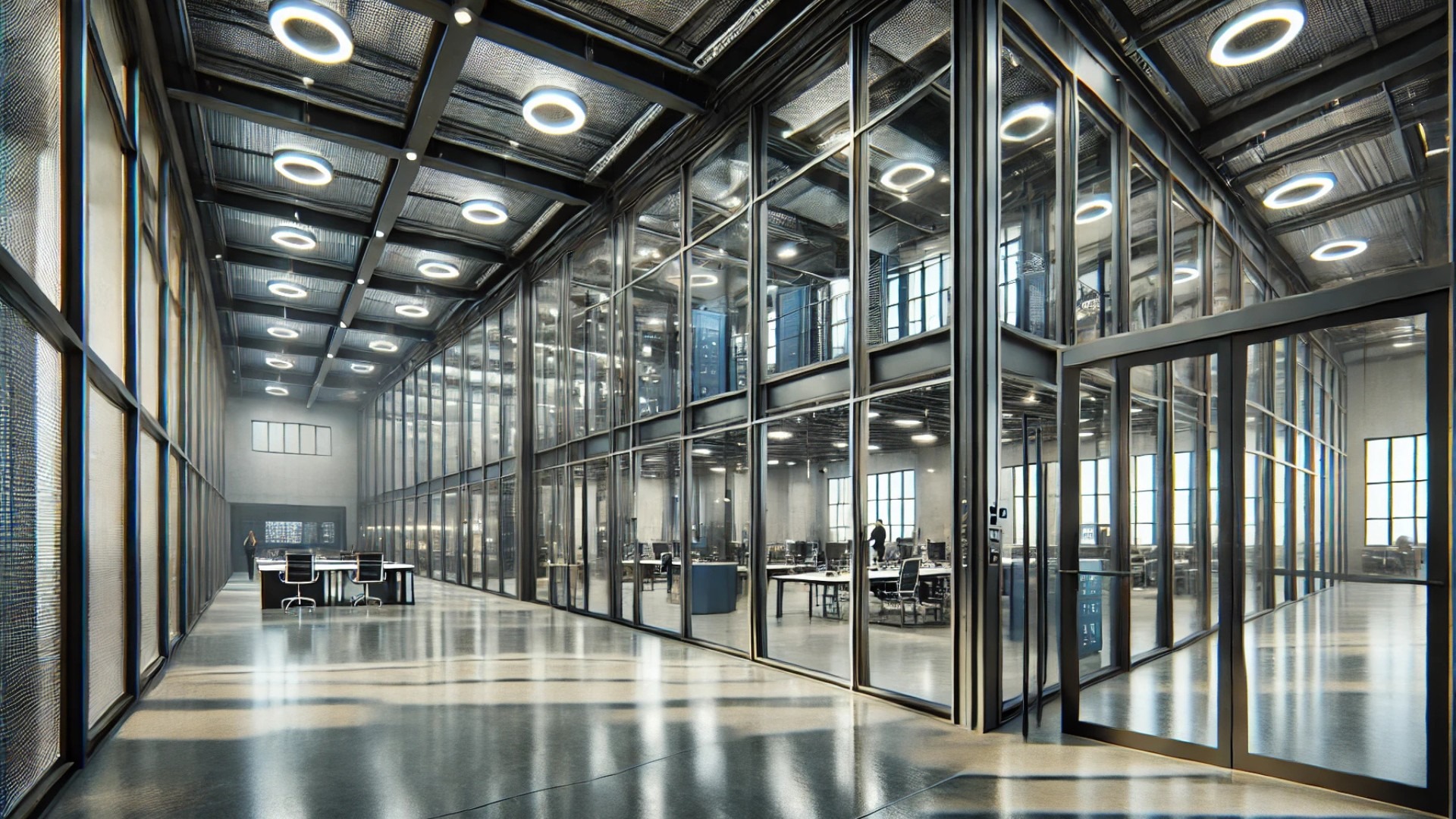 interior view of a modern, high-security building—showcasing steel-framed windows and doors that merge robust protection with sleek, industrial-modern design