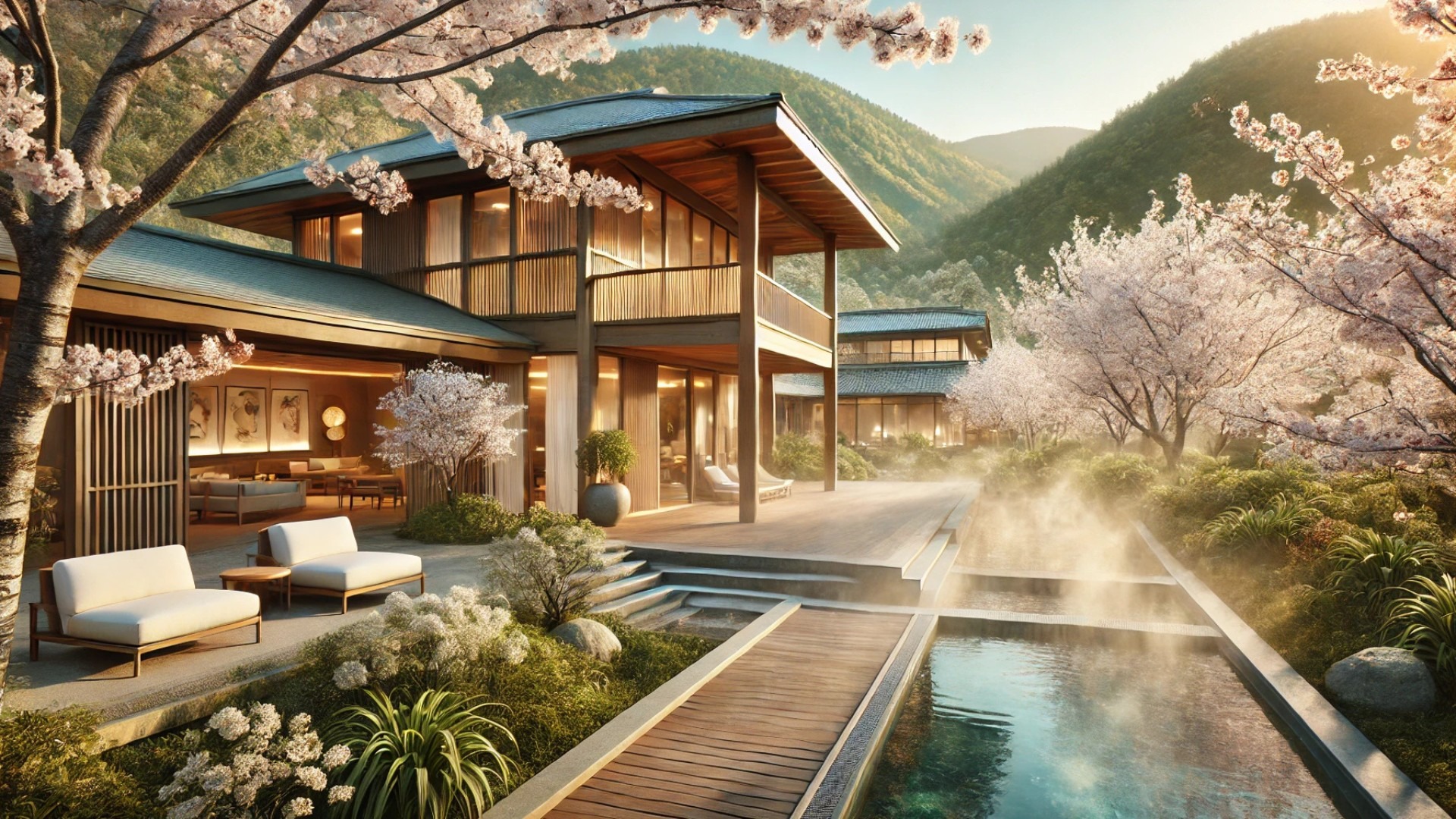 springtime view from the onsen at NOT A HOTEL Minakami, showcasing cherry blossoms, fresh greenery, and a serene indoor-outdoor connection