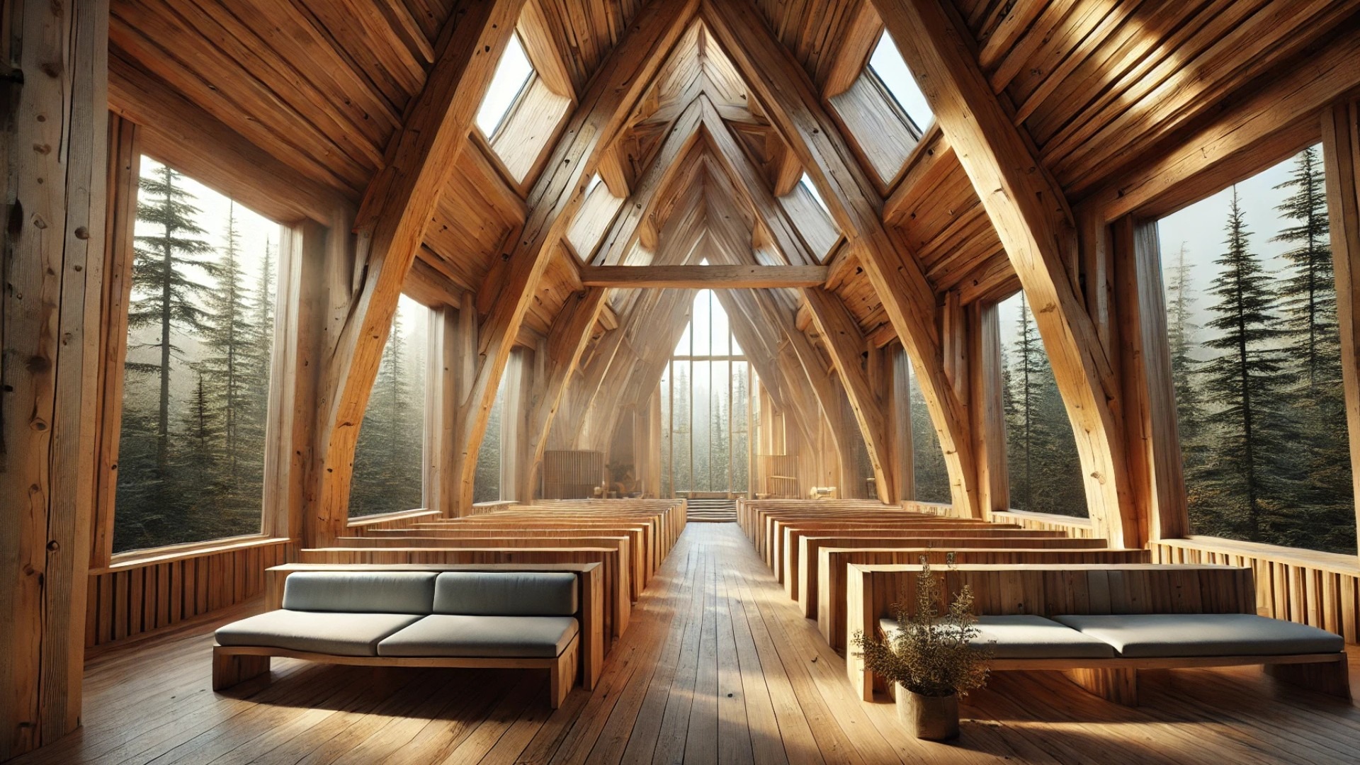 interior view of the Meristem Chapel, highlighting its exposed timber framing, skylights, and peaceful, light-filled atmosphere
