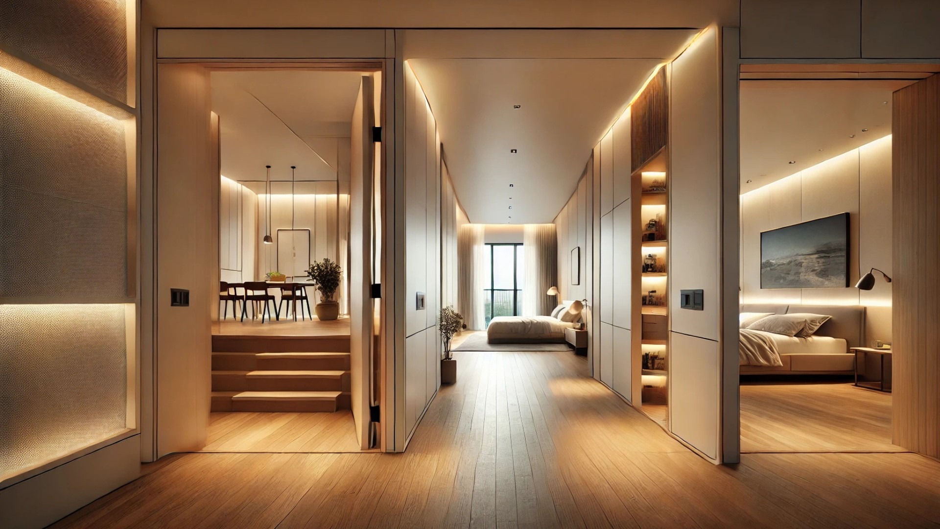 showing the smooth transition from the Family Room into a bedroom on the upper level of the dP Apartment House