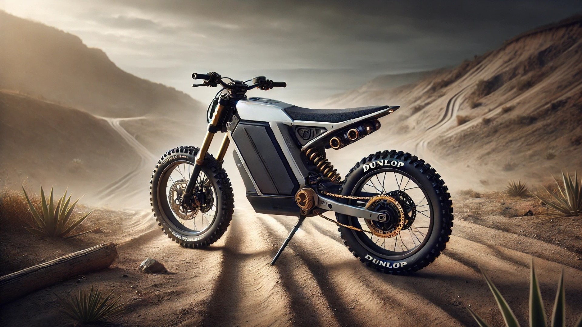 Surge:On electric dirt bike, showcasing its bold design and off-road readiness against a dramatic terrain backdrop