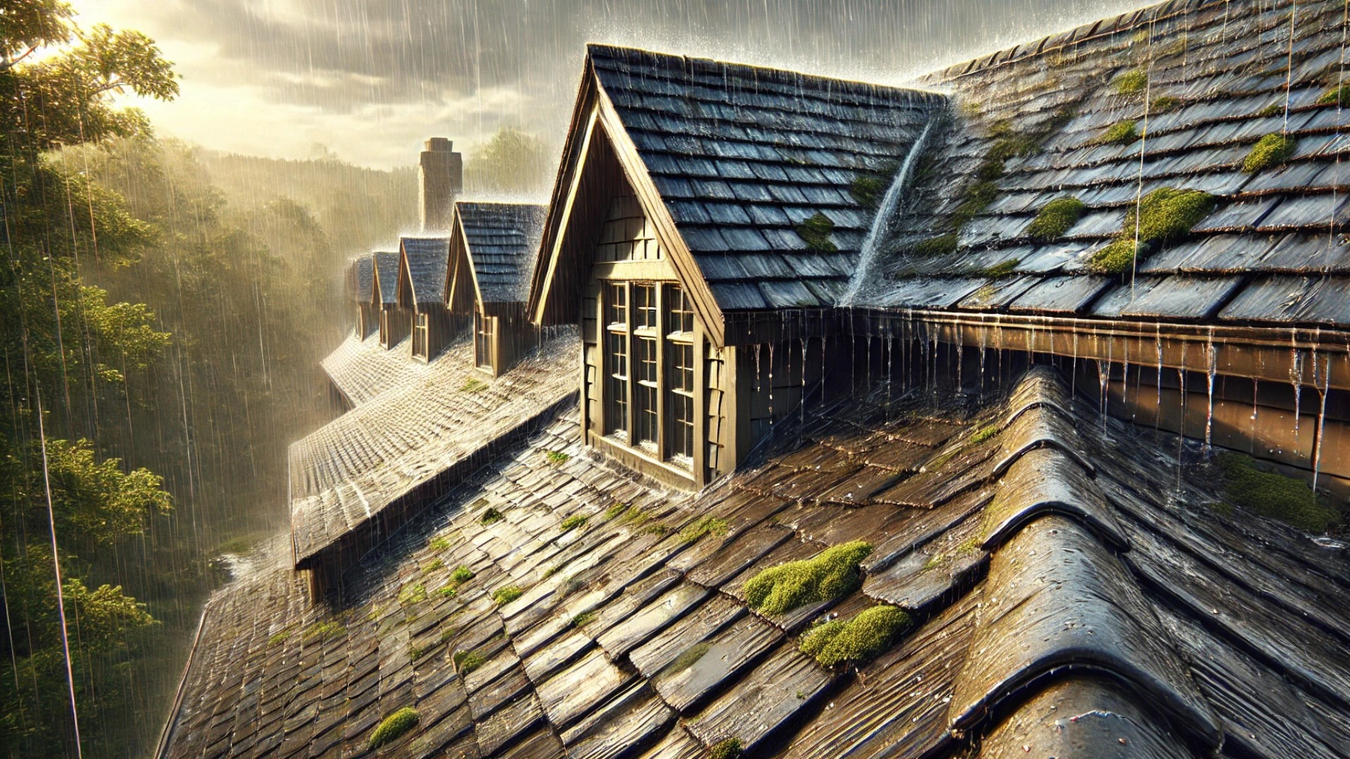 aging roof just after a rainstorm—highlighting how light moisture buildup and early wear can signal potential issues