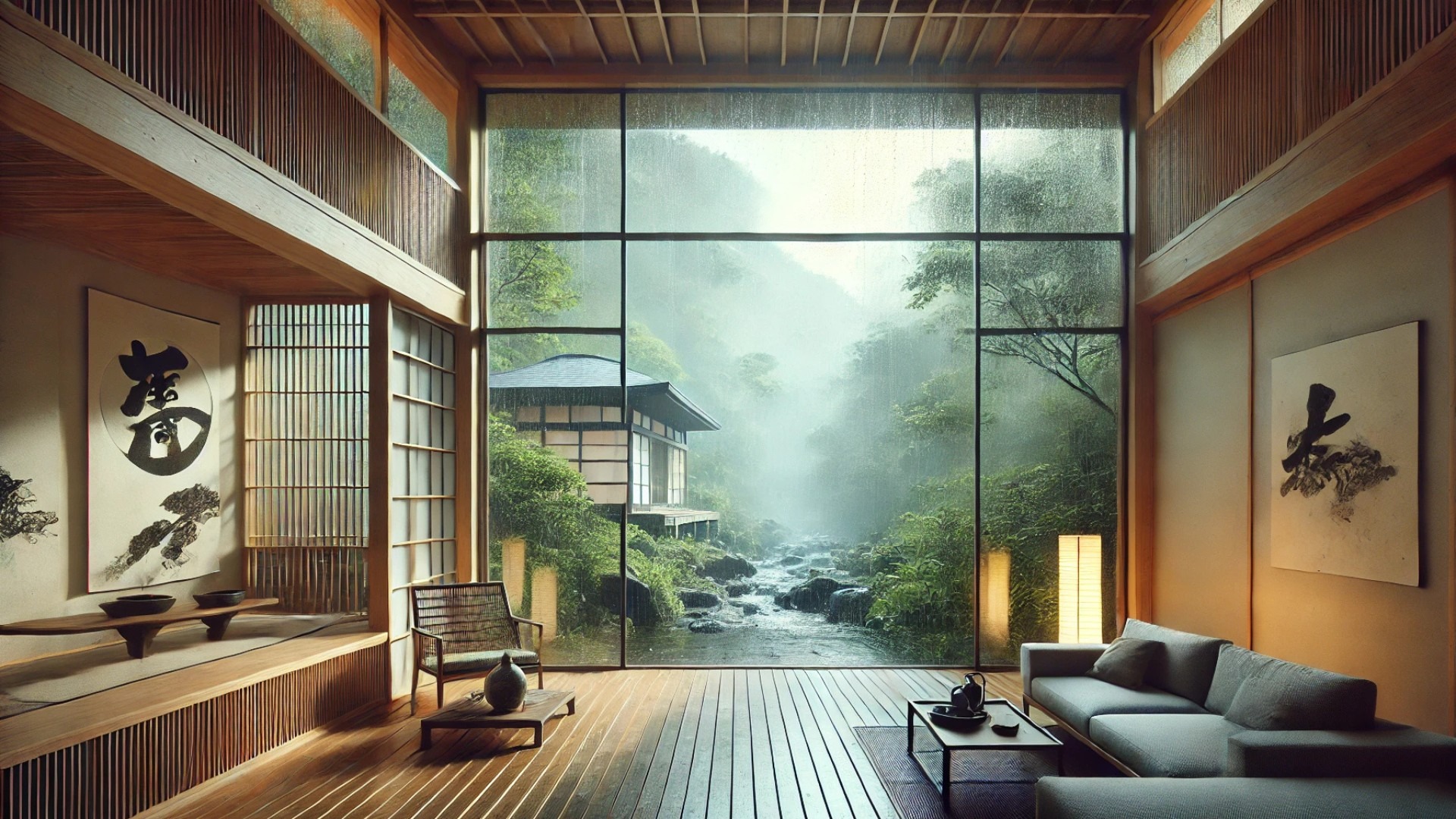 monsoon-season interior view from the House at the Foot of Mt. Asama