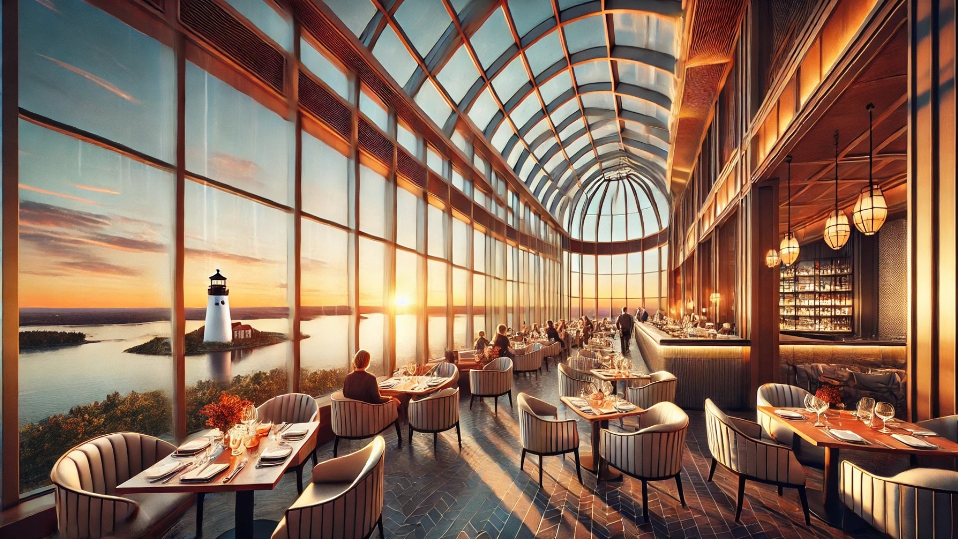 view of the sky lobby and restaurant at the top of the Portland tower, showcasing sweeping sunset views of Casco Bay