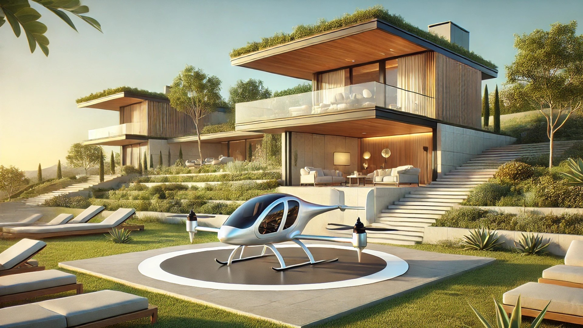 visualization of AltoVolo’s Sigma hybrid eVTOL integrated into a luxury home's rooftop setting