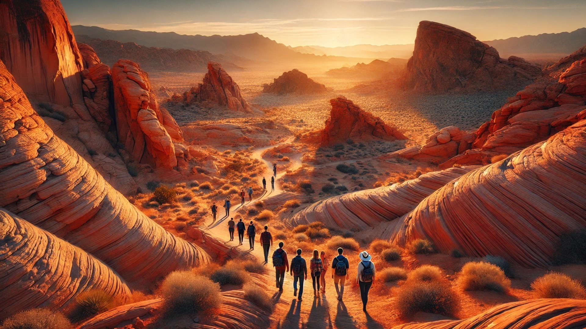 Valley of Fire tour scene, capturing the dramatic desert landscape and the reflective, veteran-guided experience