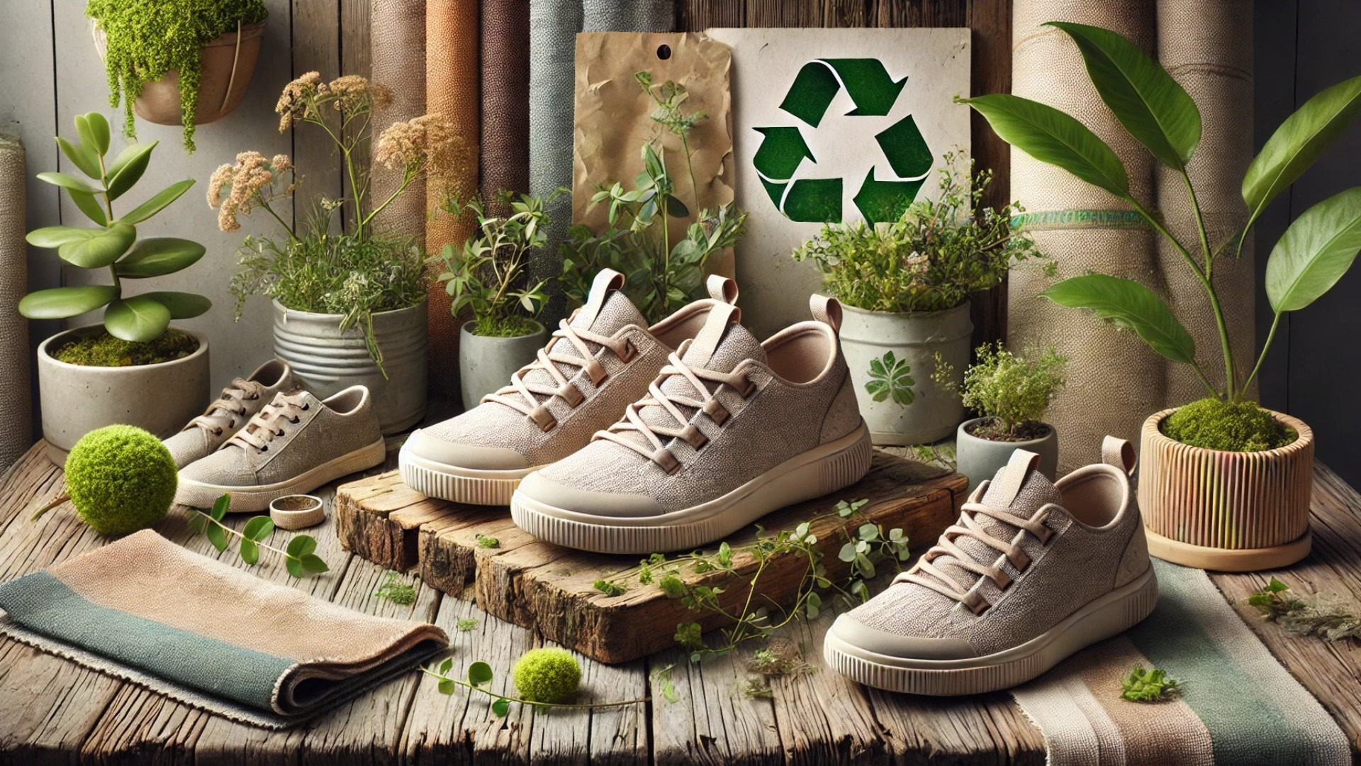 sustainable sneakers in an eco-friendly setting, reflecting the principles of ethical design and natural aesthetics