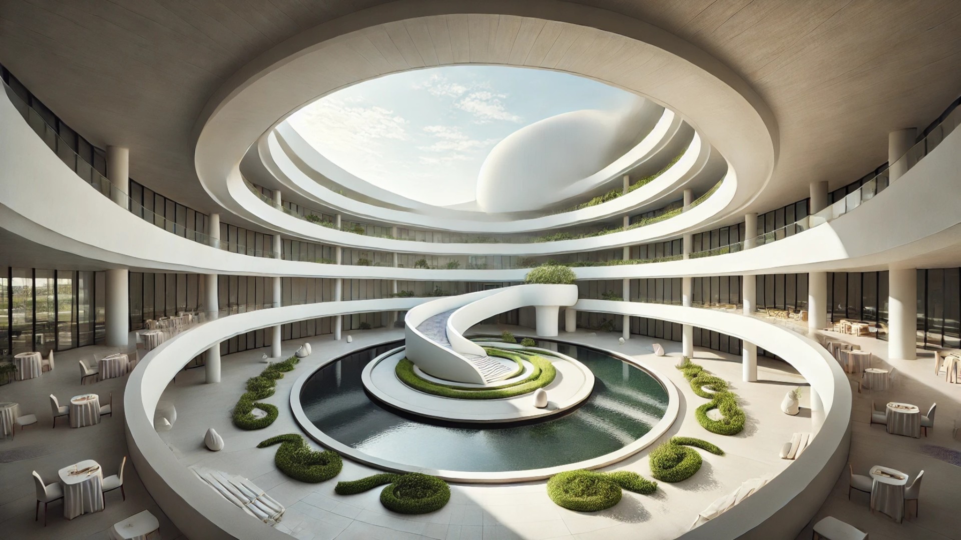Modern Rarin wedding venue architecture with curved design.