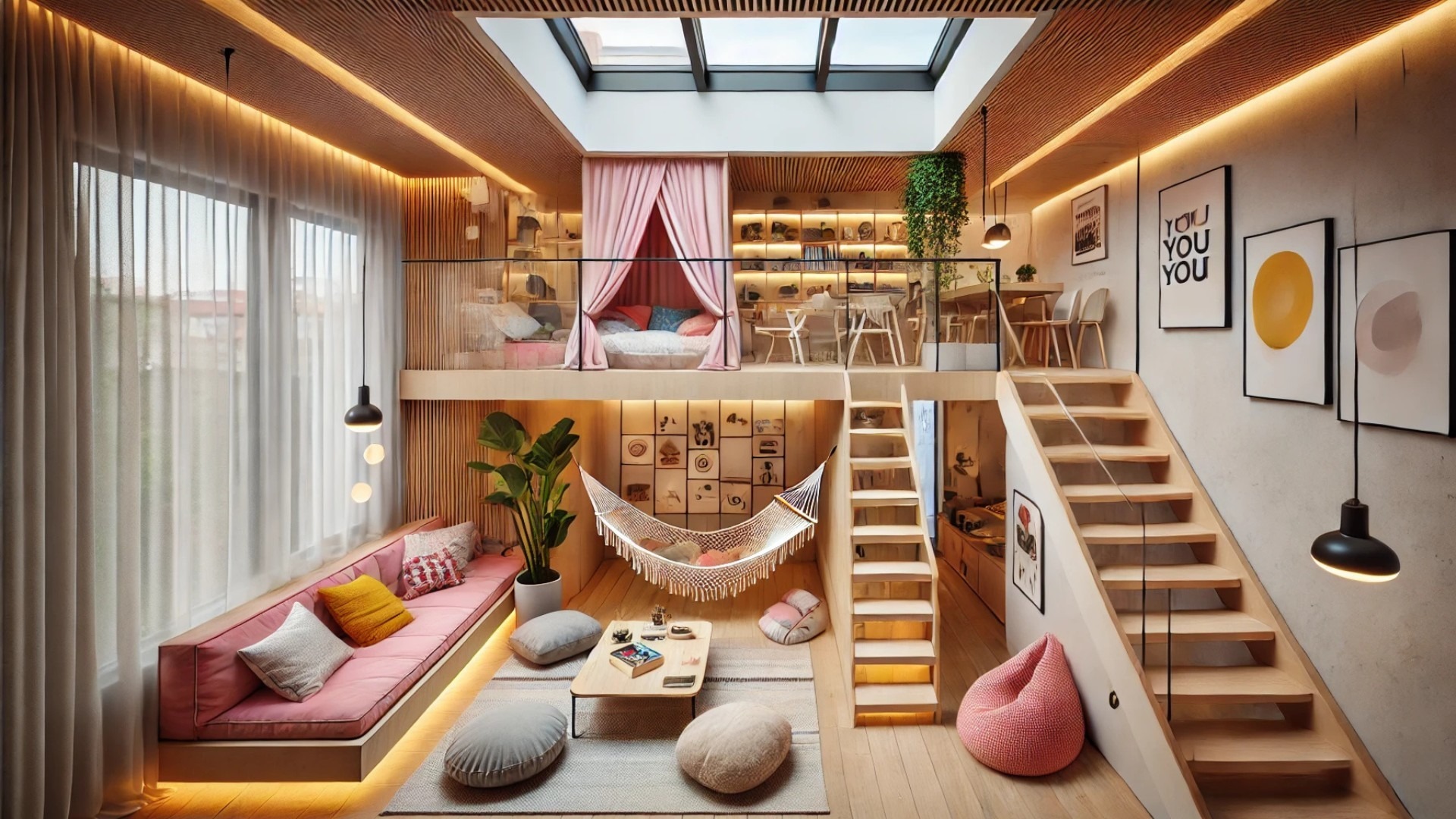 Austin Maynard Architects updates Clarke house featuring creatively designed upper-level teen spaces, complete with cozy nooks, a hammock corner, and a hidden pink retreat