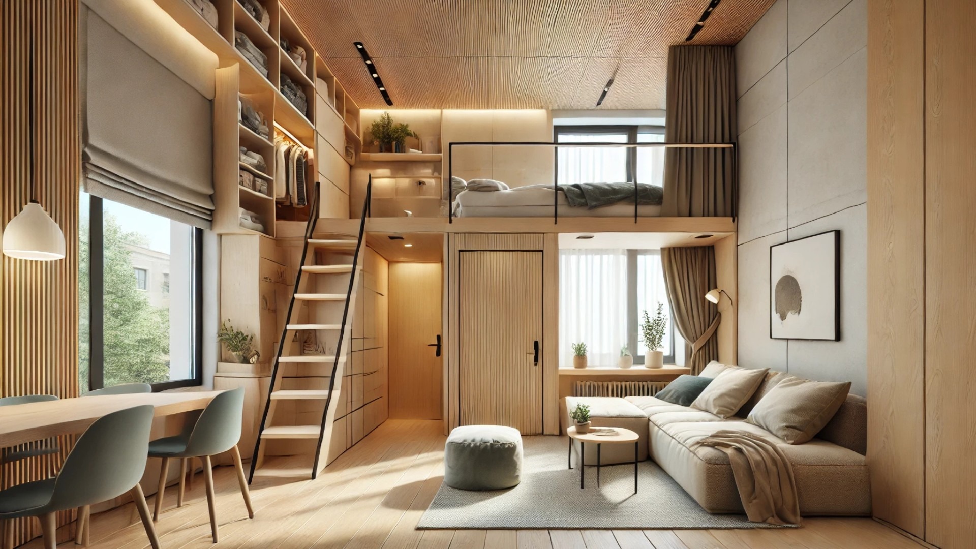 private loft suite from the Cloud House co-living concept, emphasizing the smart use of vertical space, natural materials, and warm, minimalist design