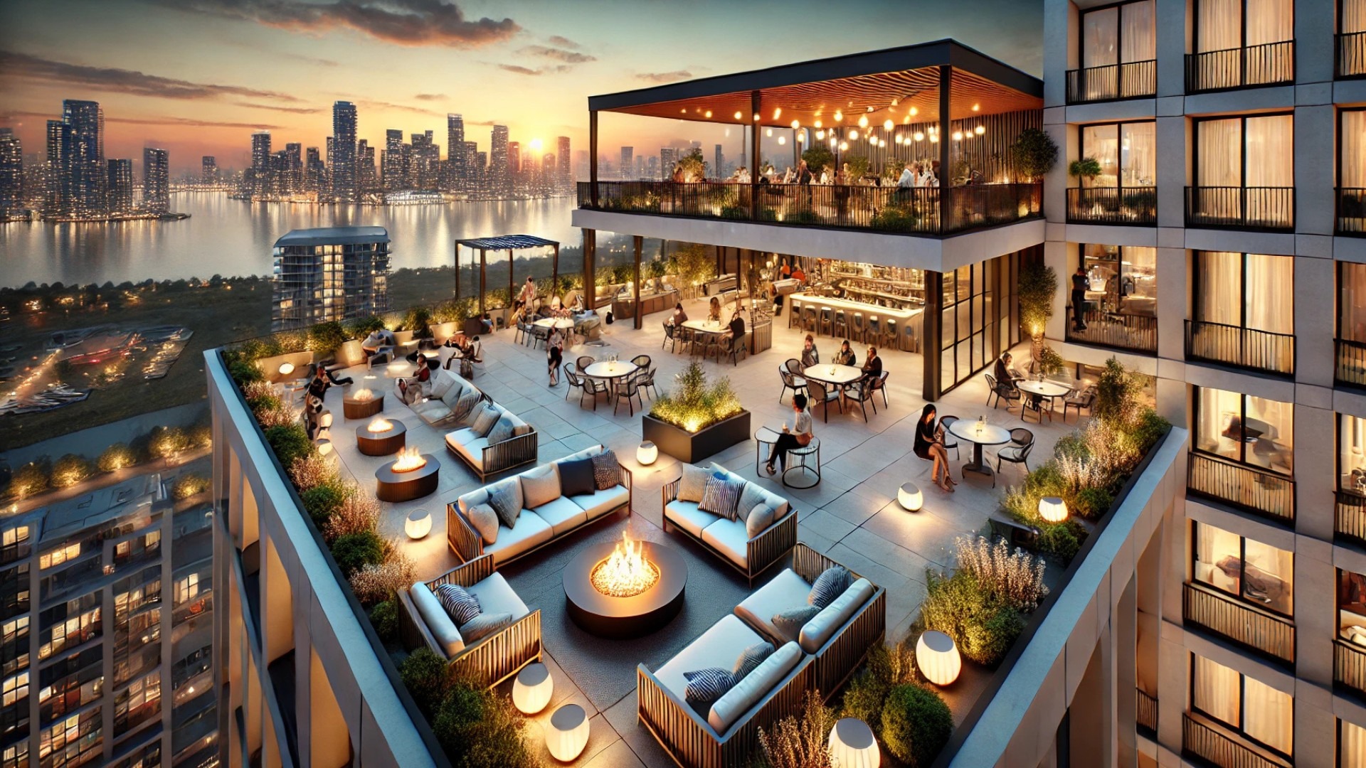 rooftop lounge view capturing the ambiance of luxury urban living—sunset skyline, refined outdoor furnishings, and a welcoming social environment