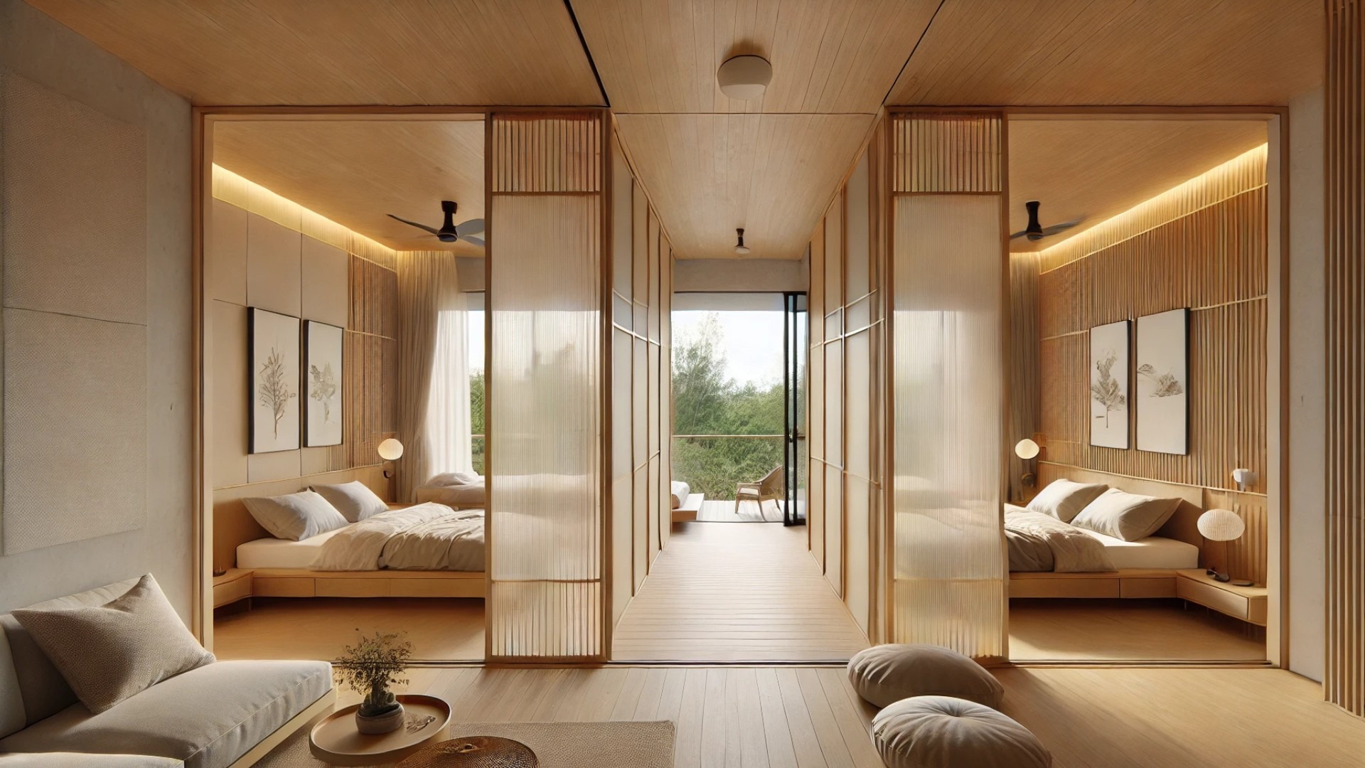 Modern PR house design in Vietnam: interior view of the upstairs area, illustrating how sliding partitions transform the bedrooms into adaptable spaces