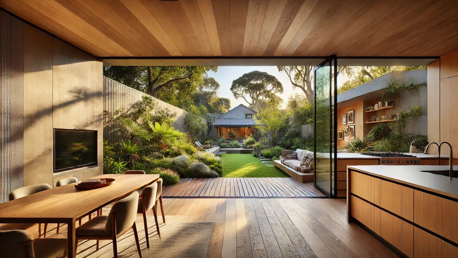 Modern Melbourne home design transformation with stylish wooden kitchen and garden view.