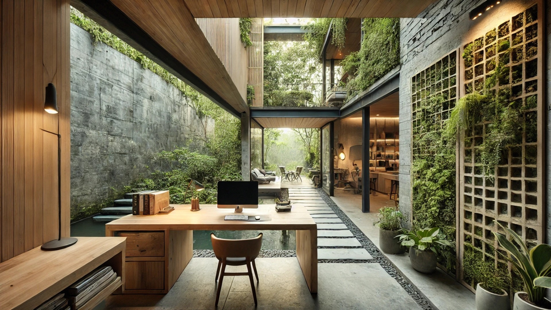 integrated home workspace within the G.ao House. Reclaimed stone, vertical greenery, and natural light create a peaceful and functional environment