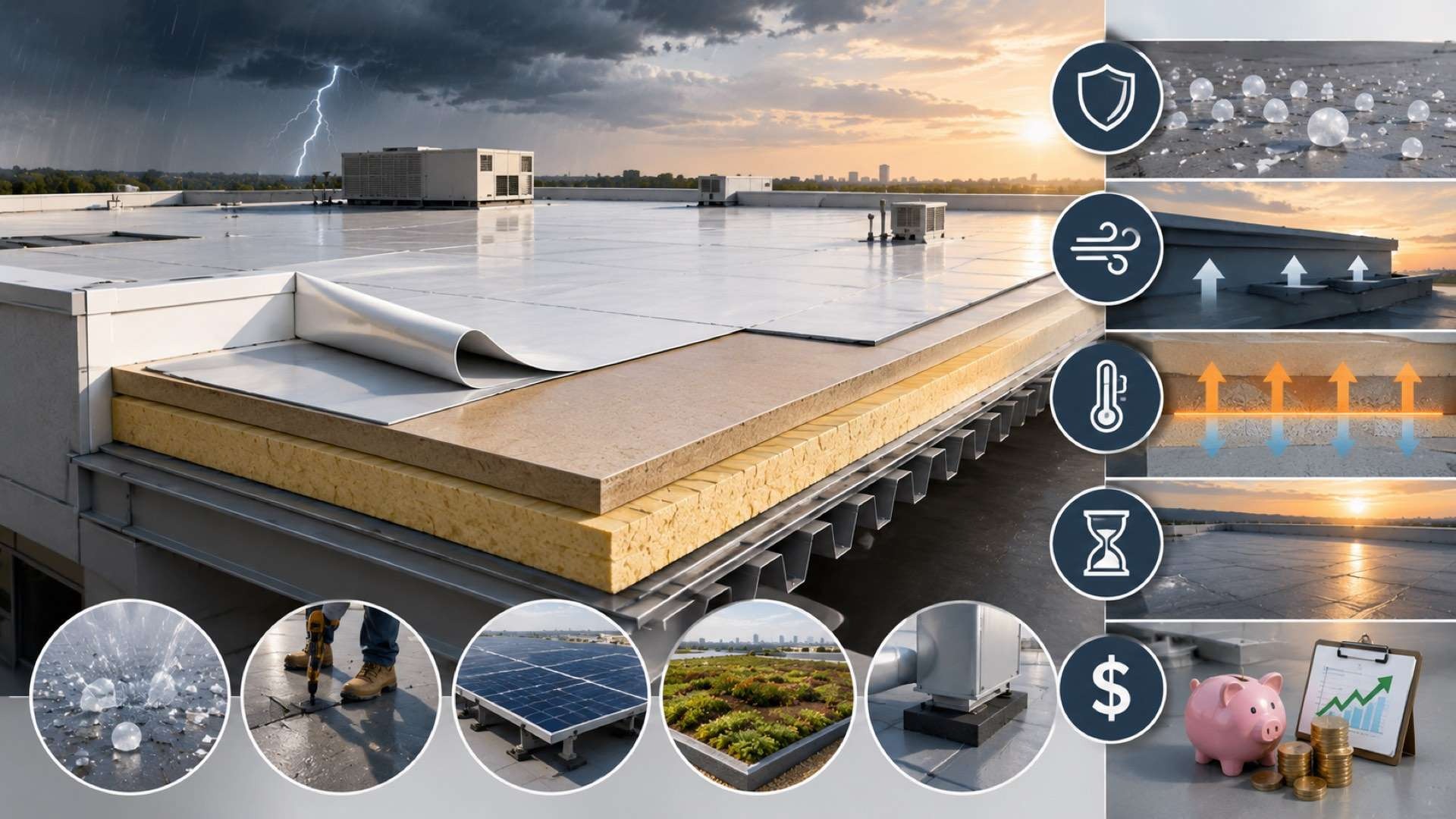 A detailed cutaway view of a commercial low-slope roof system shows insulation, coverboard, and a white membrane layer, with surrounding visual callouts for hail impact, wind uplift, thermal performance, solar panels, green roofing, rooftop equipment, and long-term cost savings.