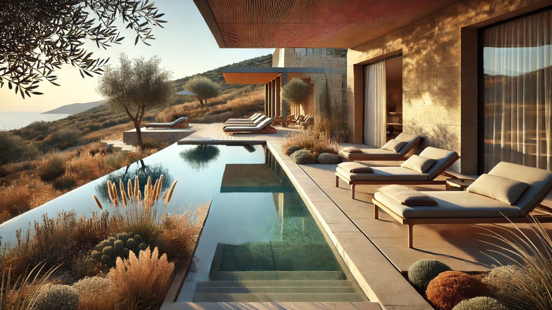 Southwand House pool area, seamlessly blending into the olive grove landscape. The sunlit setting, natural materials, and tranquil water views highlight K-Studio’s dedication to comfort, elegance, and harmony with nature