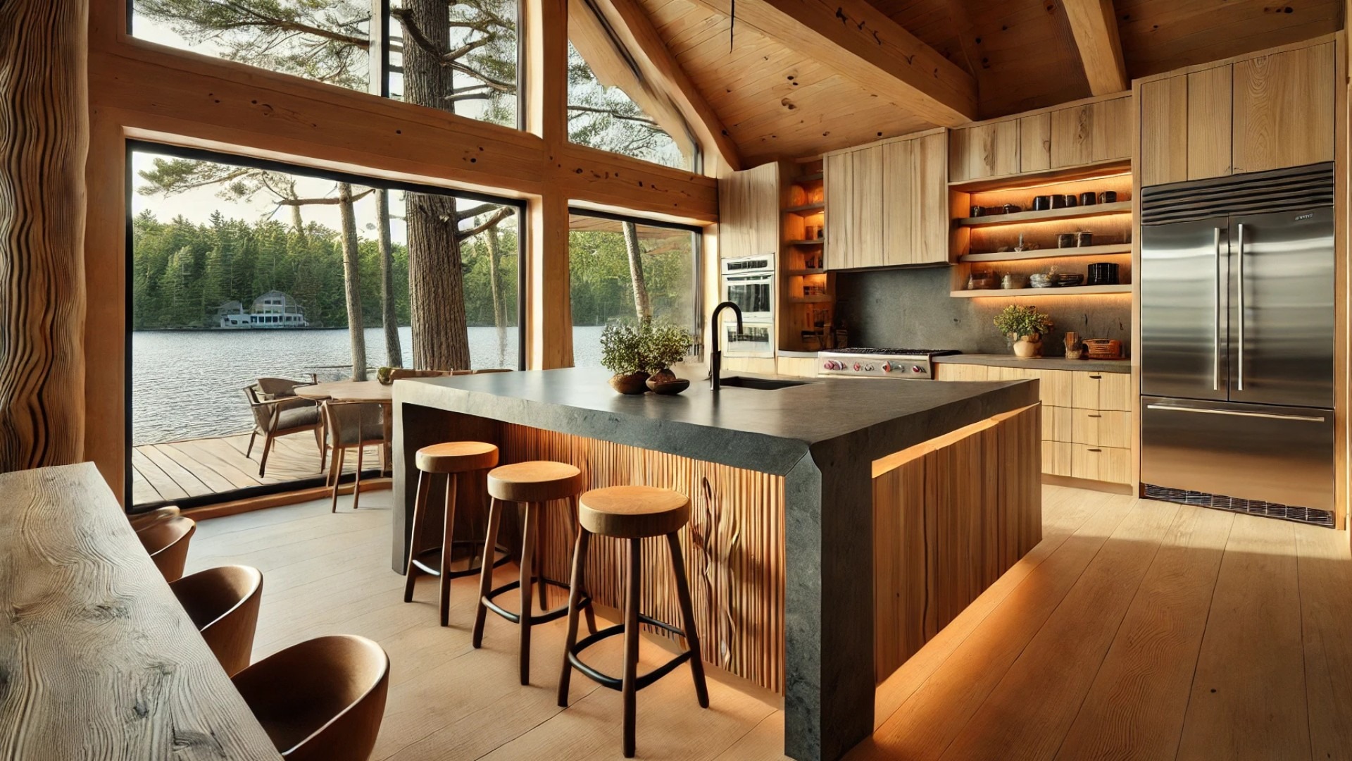 Kitchen island in the Kawartha Lakes cabin highlights the elegant combination of maple wood and Greystone waterfall countertop.