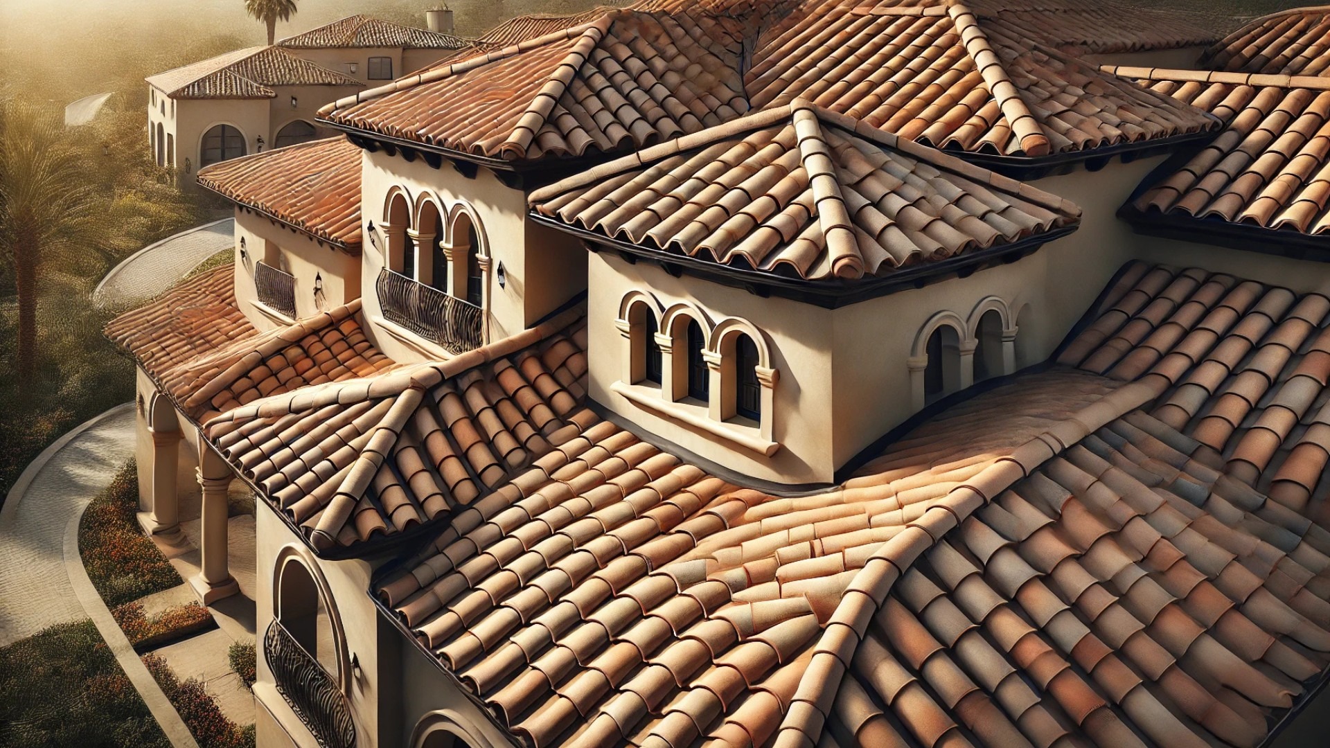 close-up view of a luxury Mediterranean-style home with classic clay or concrete tile roofing. The warm tones, arched windows, and sunlit textures emphasize timeless elegance and architectural richness