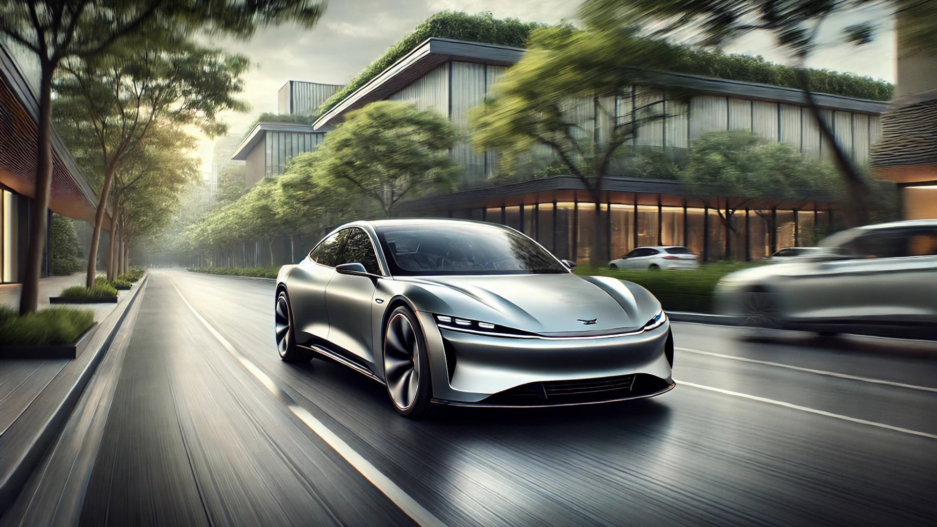 Xpeng P7 electric sports sedan. The sleek silhouette, reflective finish, and refined environment highlight the car’s blend of elegance, innovation, and status.