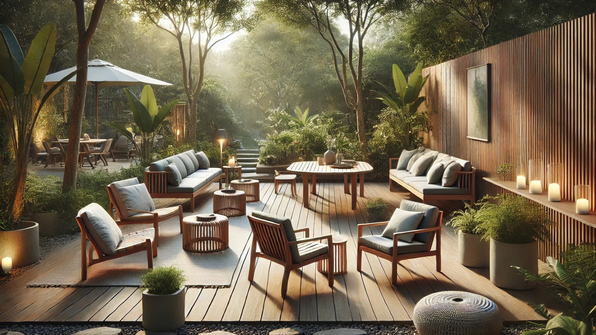 serene, sustainable outdoor living space featuring eco-conscious furniture and natural surroundings
