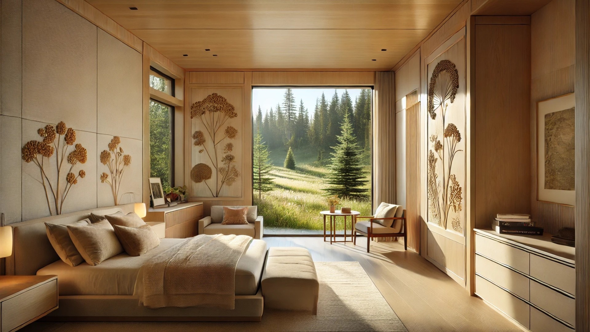 primary suite, featuring soft wood tones, tranquil meadow views, and floral-inspired design details that echo the home’s natural theme