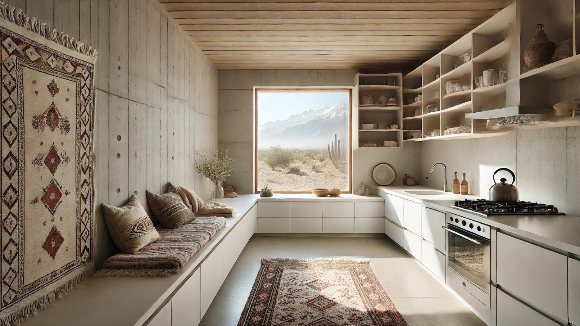 kitchen area in Villa 144, blending minimalist architecture with traditional Persian elements like the Zanjan rug-lined window seat