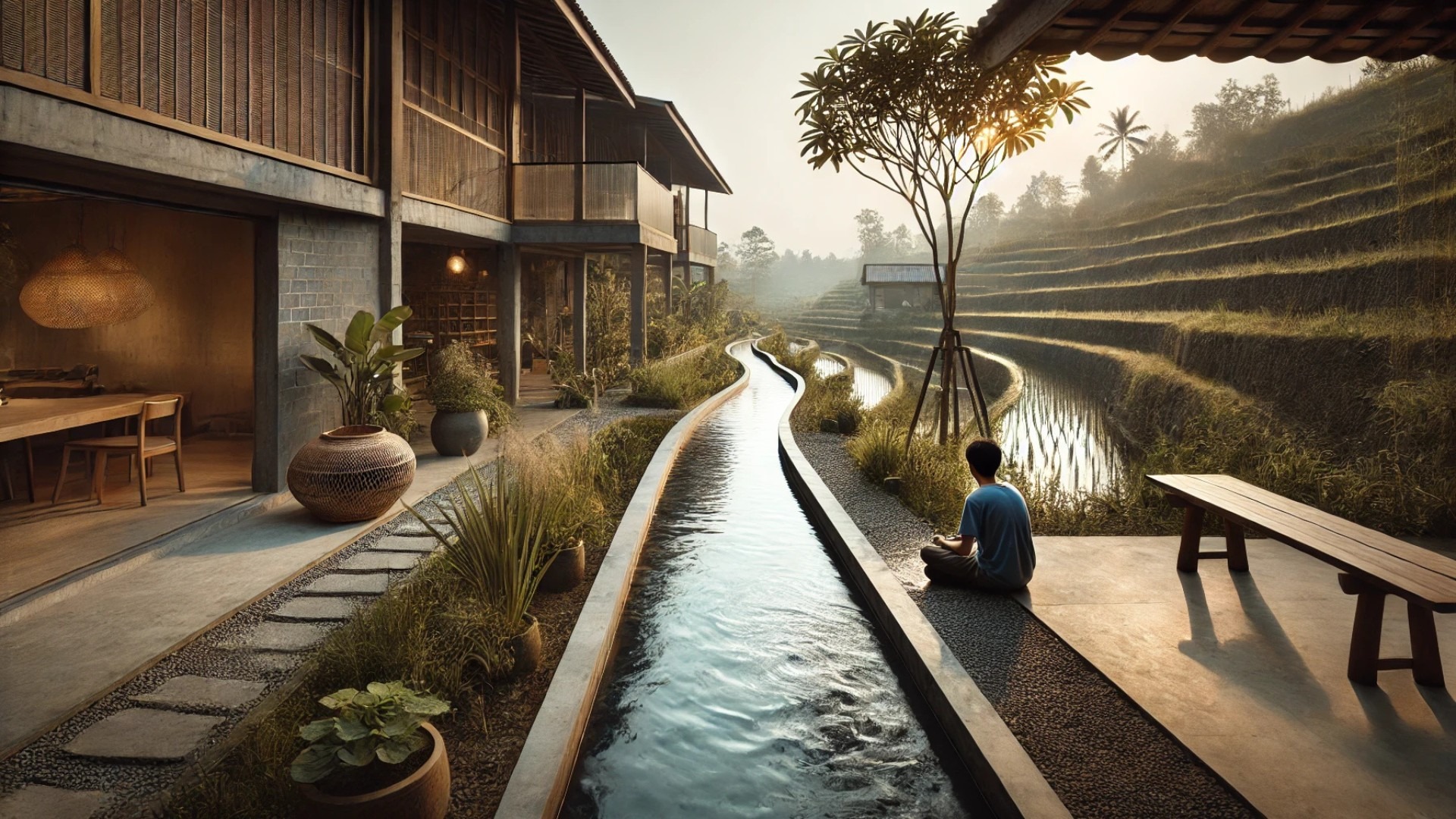 capturing a quiet moment by the water channel at Lenirra Villa, surrounded by rice terraces and rustic architectural elements