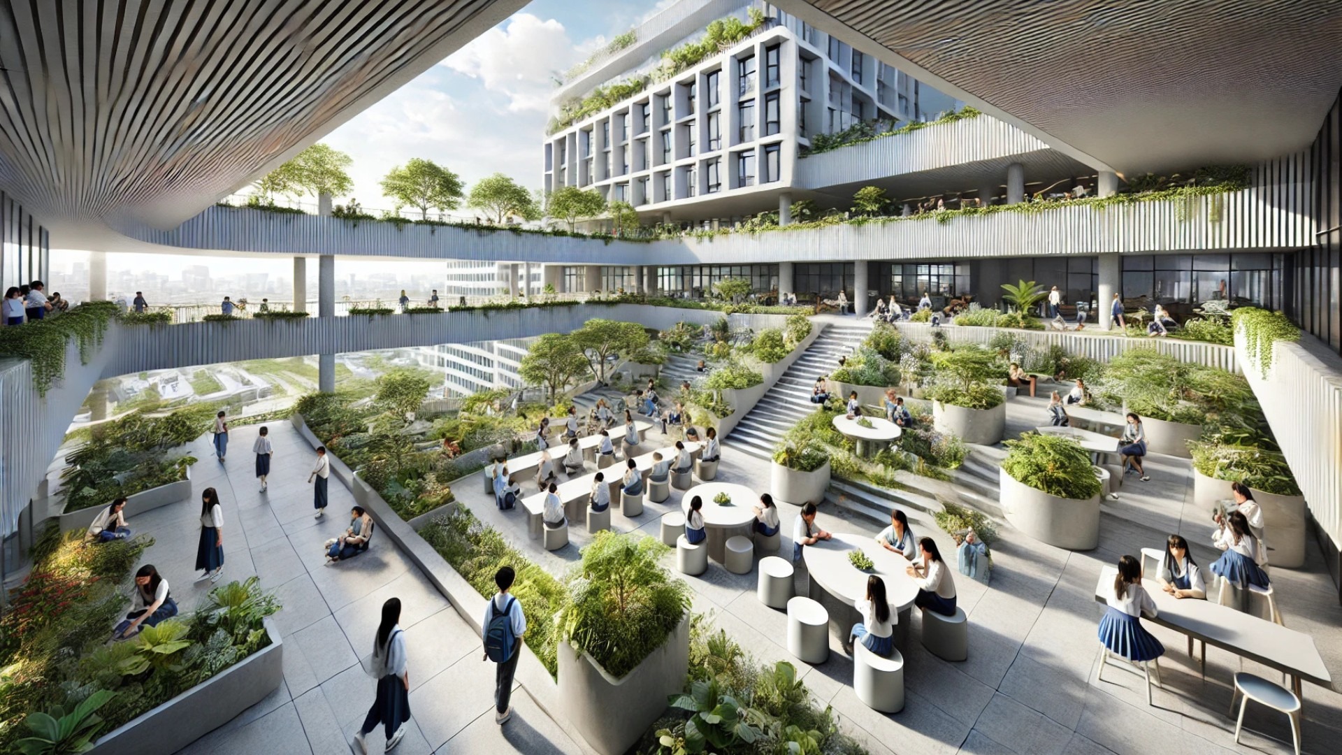 elevated "sky park" at Quzhou No.6 Experimental School, capturing the lush, engaging rooftop spaces where students gather for learning, reflection, and interaction above the campus