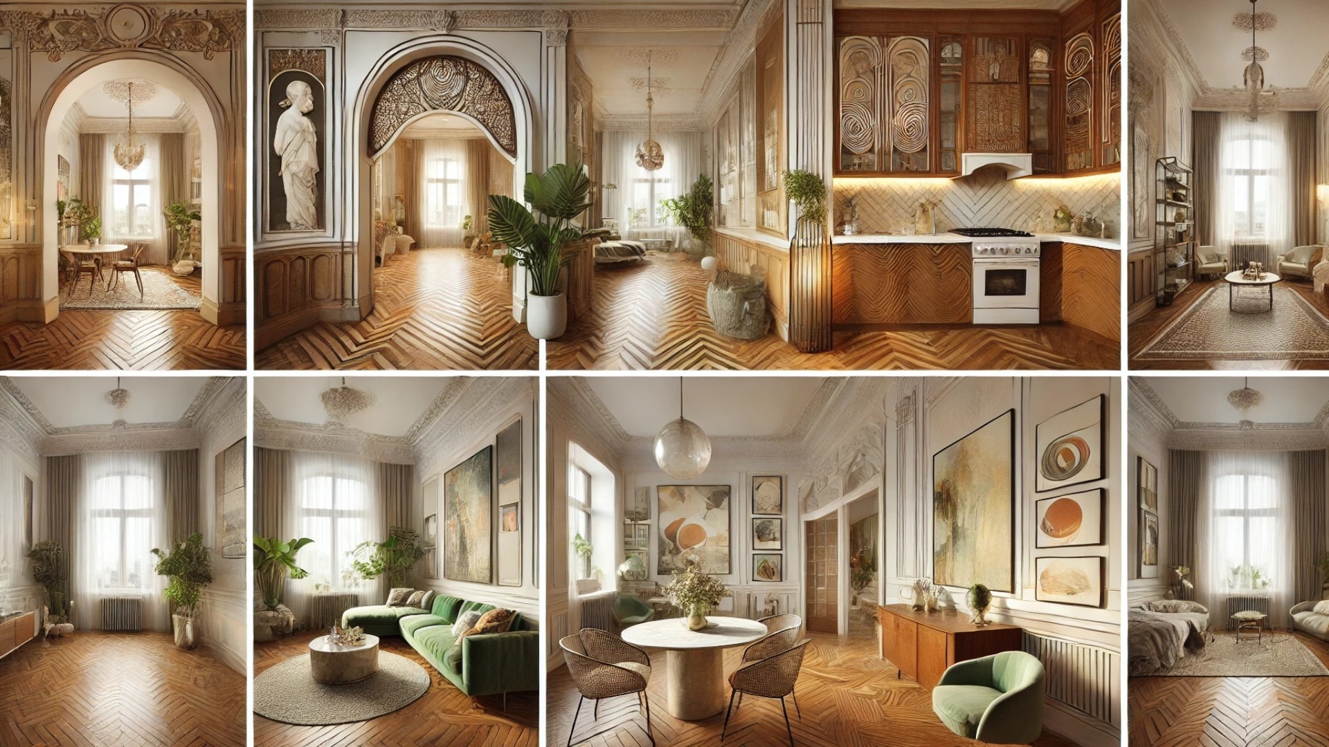 complete visual story of the Sopot apartment, capturing its graceful flow from entryway to bedroom through a cohesive blend of classical detail and modern elegance