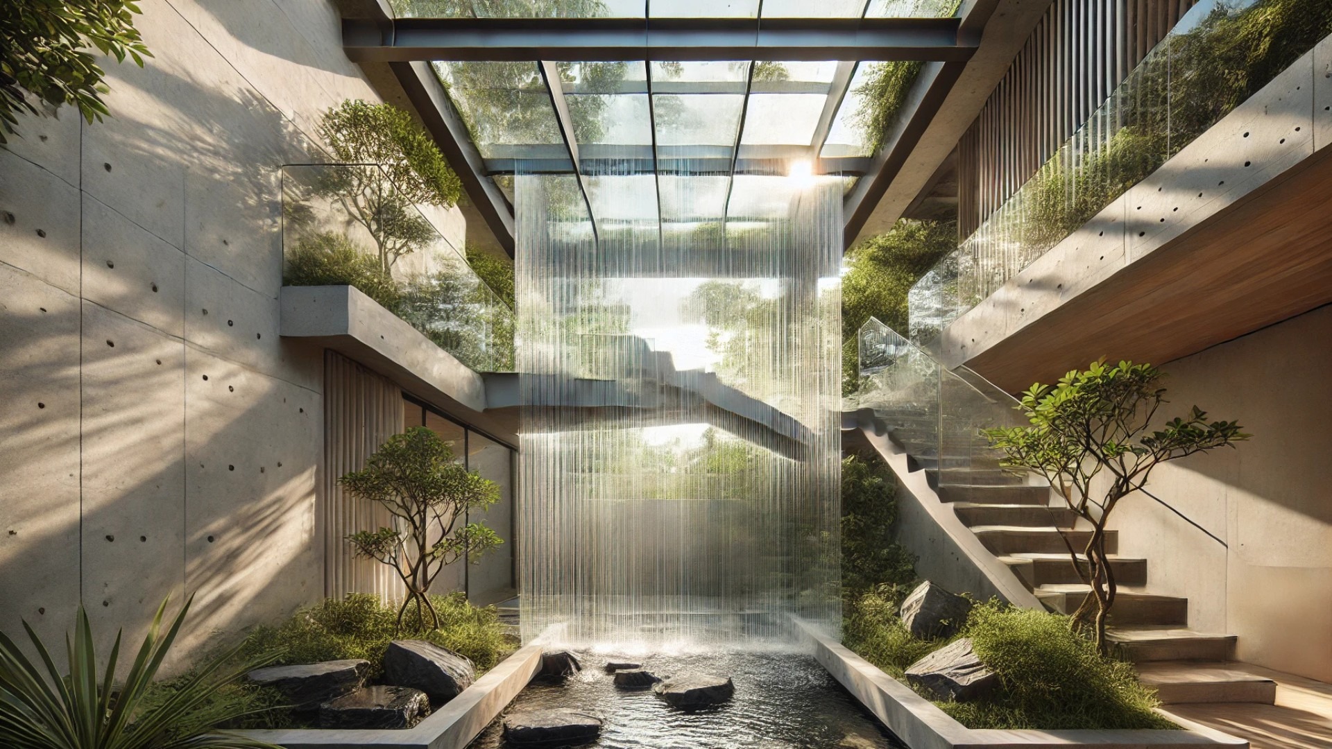85 Design home: focusing on the glass waterfall feature, capturing its elegant structure, natural integration, and calming environmental effect