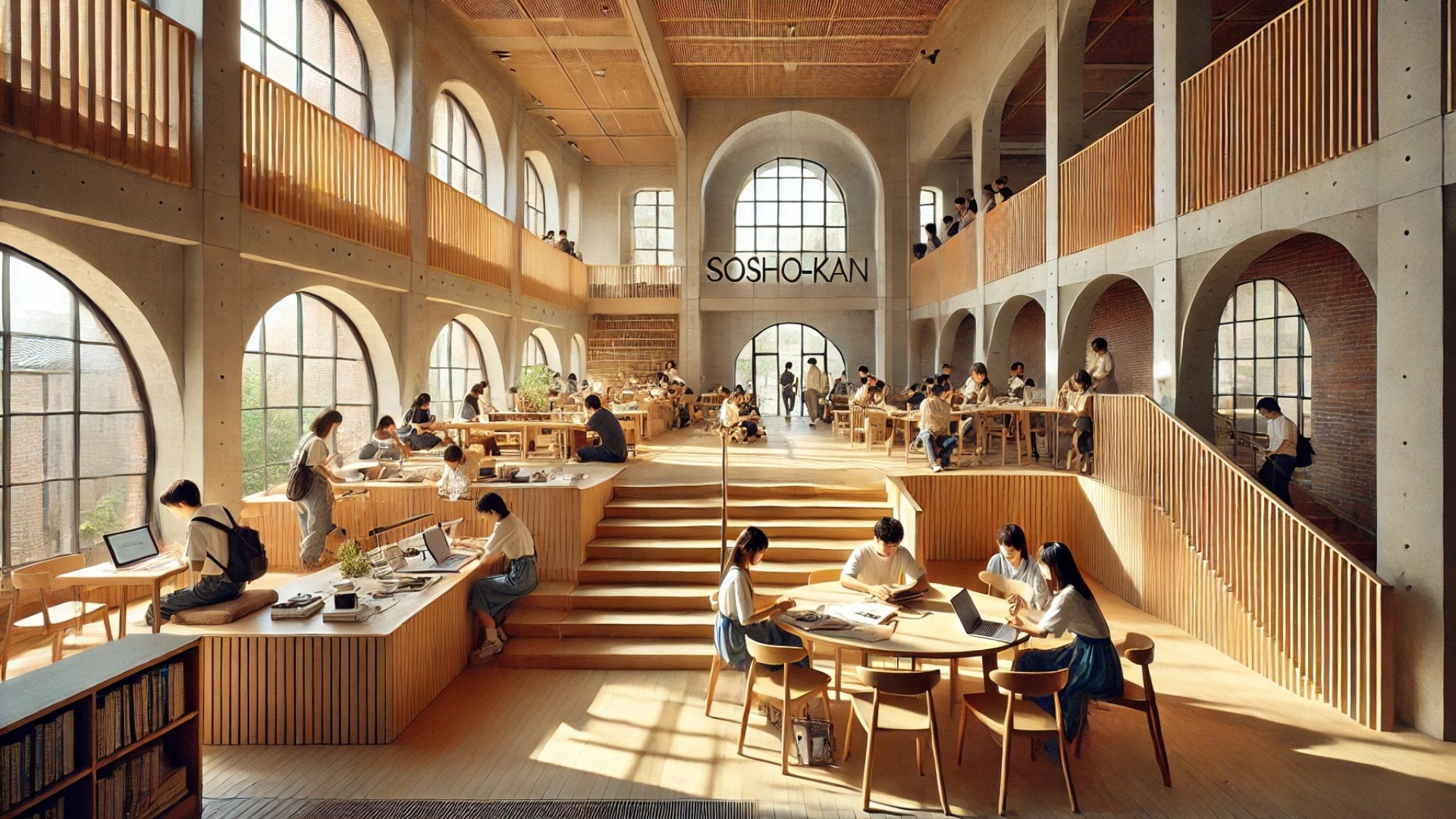 interior view of the collaborative spaces within Sosho-Kan, capturing the open, sunlit atmosphere designed to inspire creativity and connection