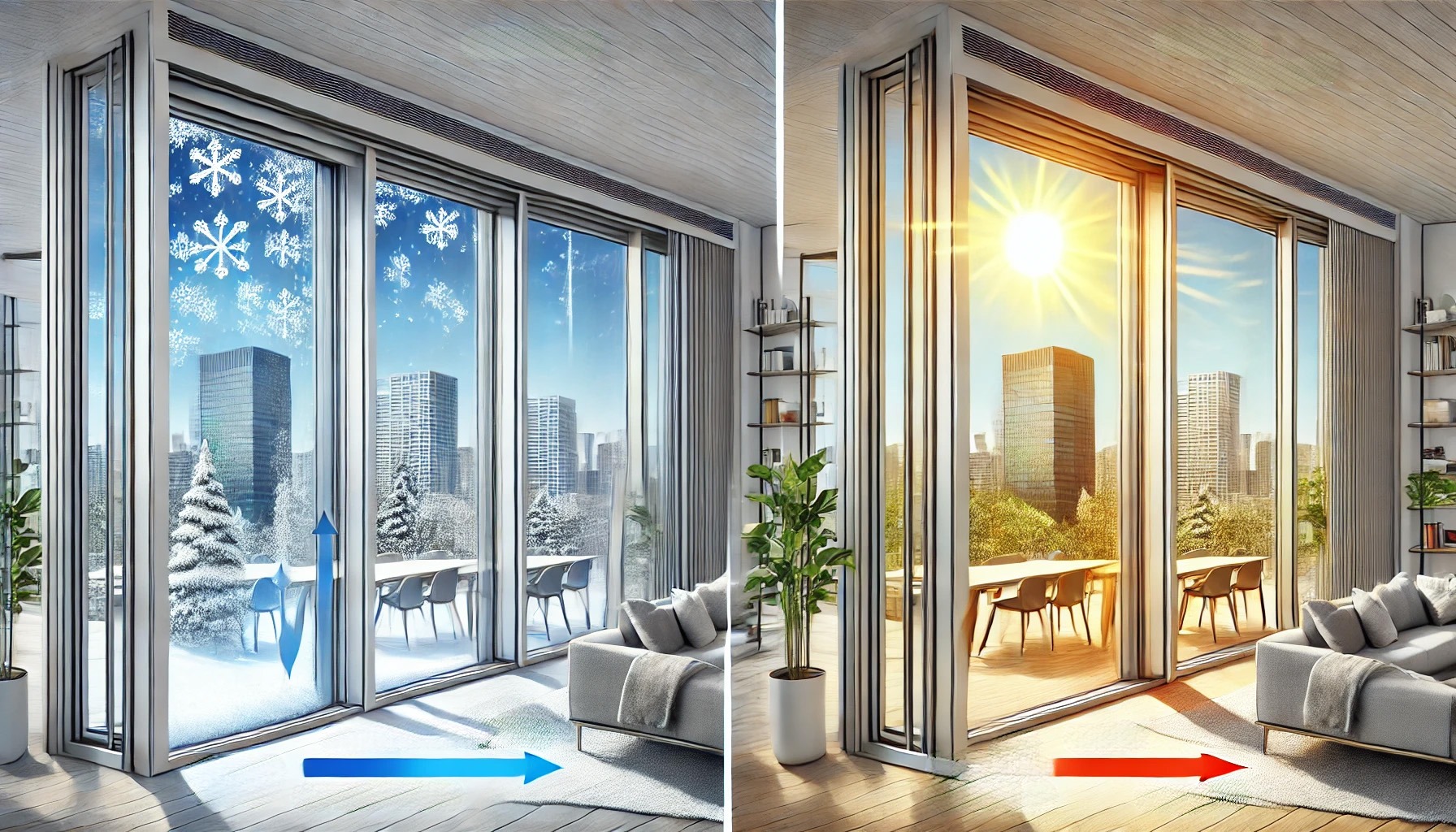 comparing seasonal performance of slim aluminum framed folding glass doors, showcasing their energy efficiency in both winter and summer scenarios