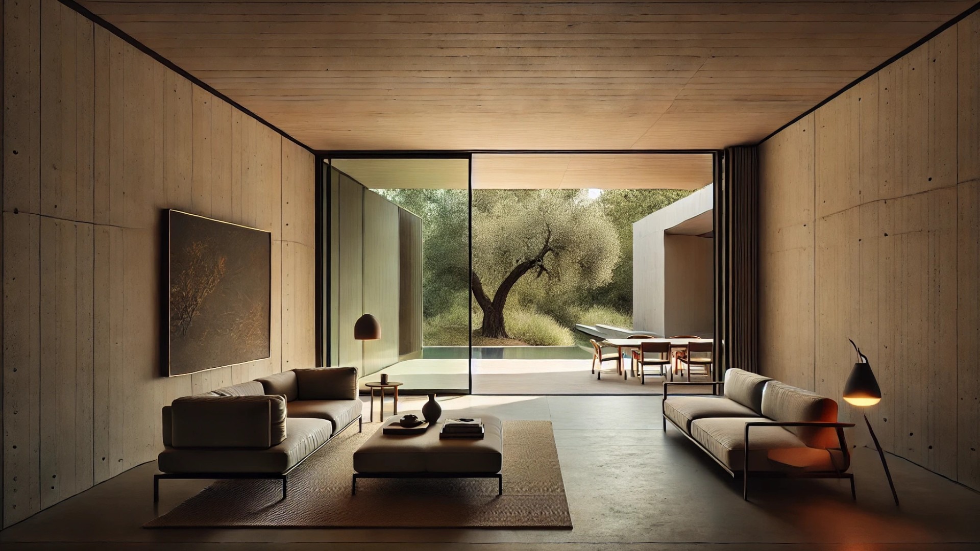 interior view of the Stealth House living area, capturing its minimalist warmth and connection to the tranquil courtyard