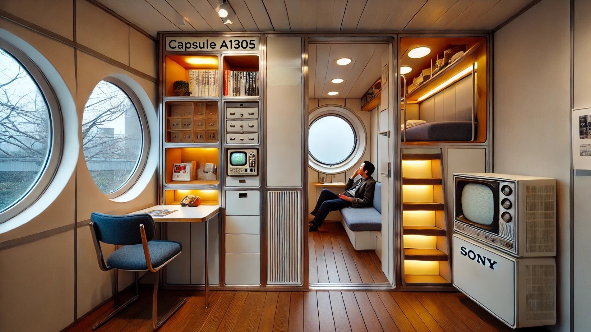 views of the reconstructed interior of Nakagin Capsule A1305, showcasing its original 1970s features and compact modular design