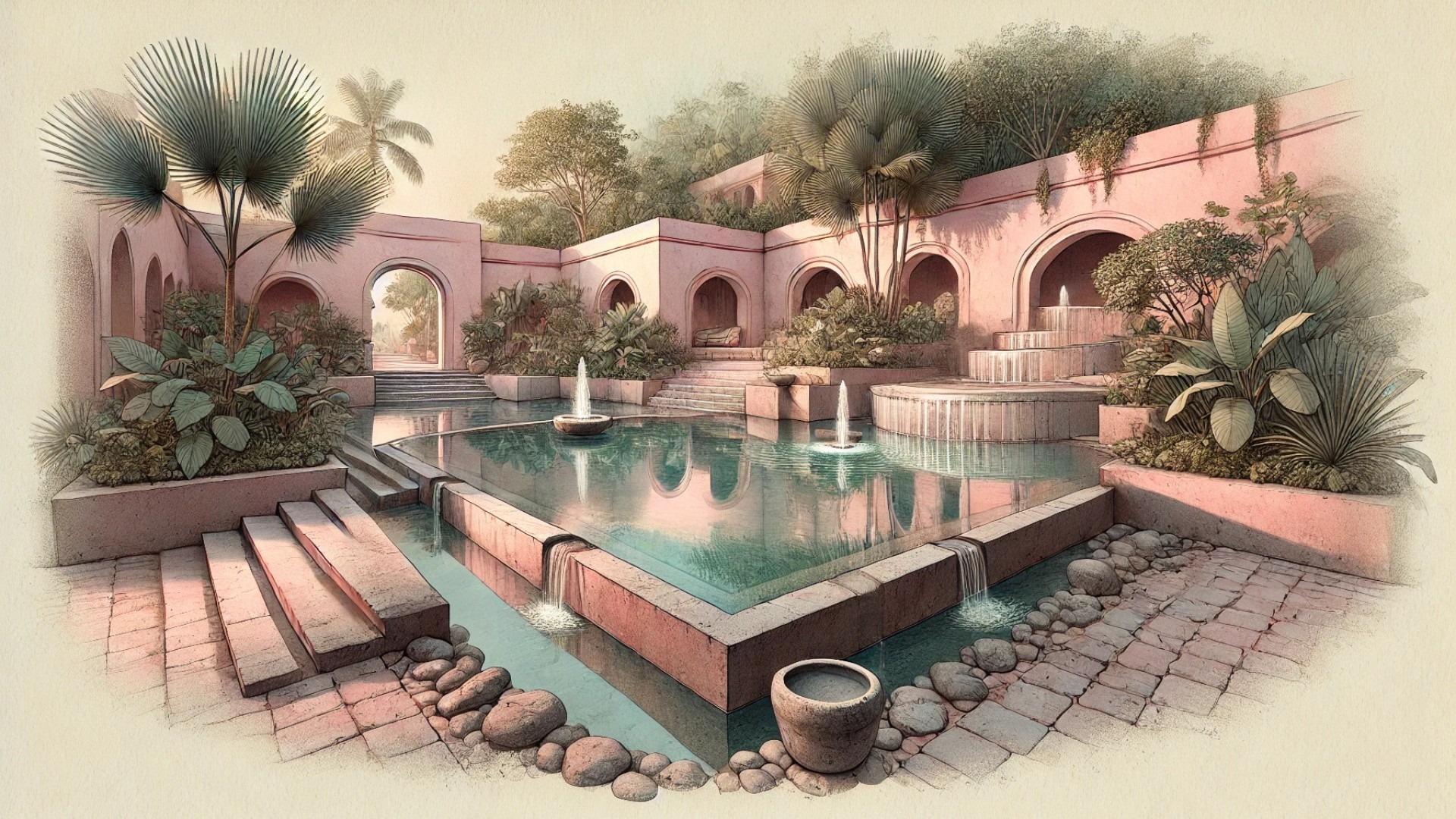 highlighting the tranquil water features at Babel, showing how reflective pools and cascading elements enhance the retreat’s serene jungle setting