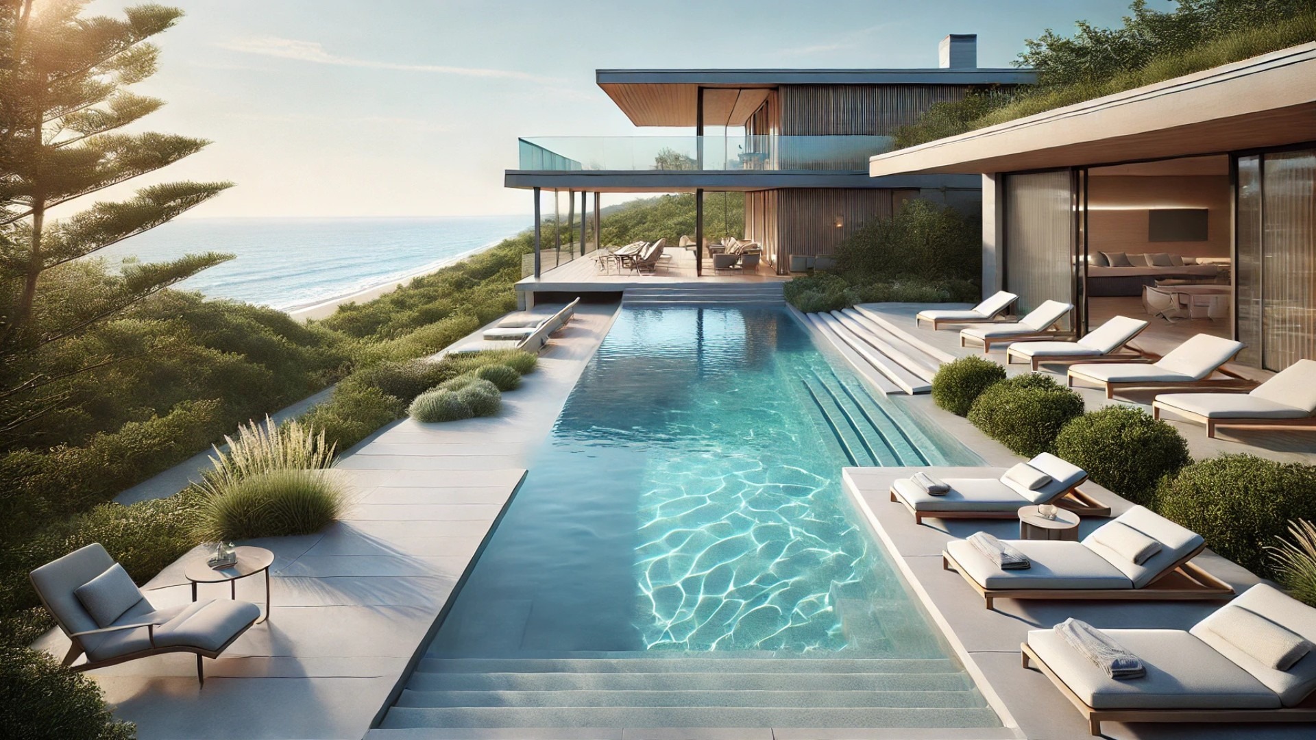 infinity-edge pool at Montauk, NY beach home, where water and ocean blend into a seamless horizon