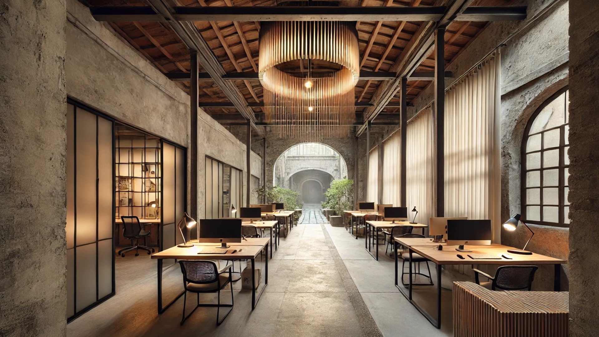 Office P&L project, highlighting its blend of industrial and modern design features with thoughtful spatial elements and ambient lighting