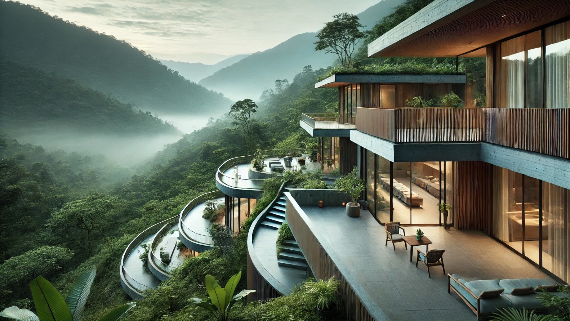 terraces at Echo Villa, showing how they integrate with the surrounding mountainous landscape