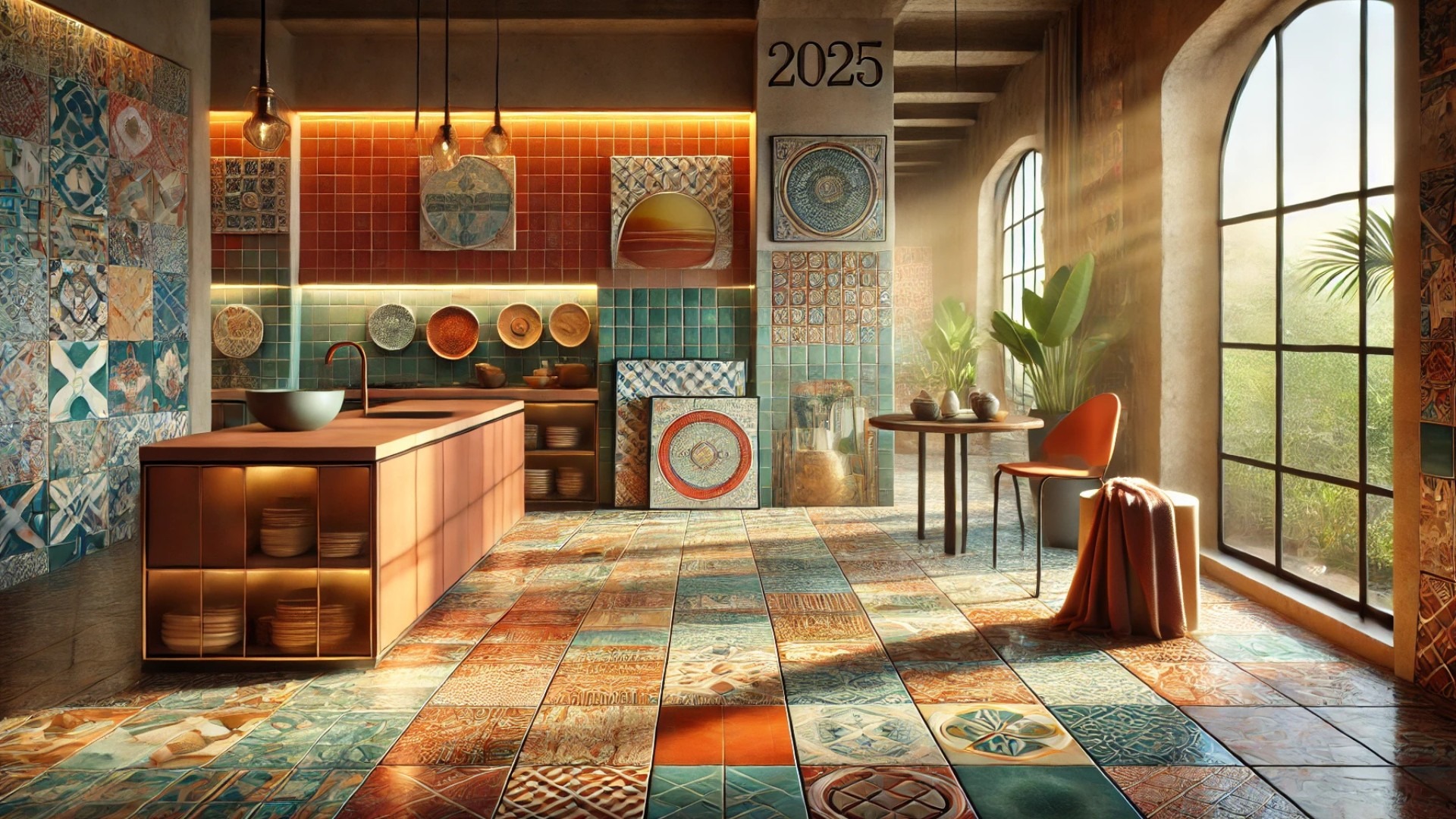 visually capturing the 2025 tile trends in a vibrant, emotionally rich interior setting