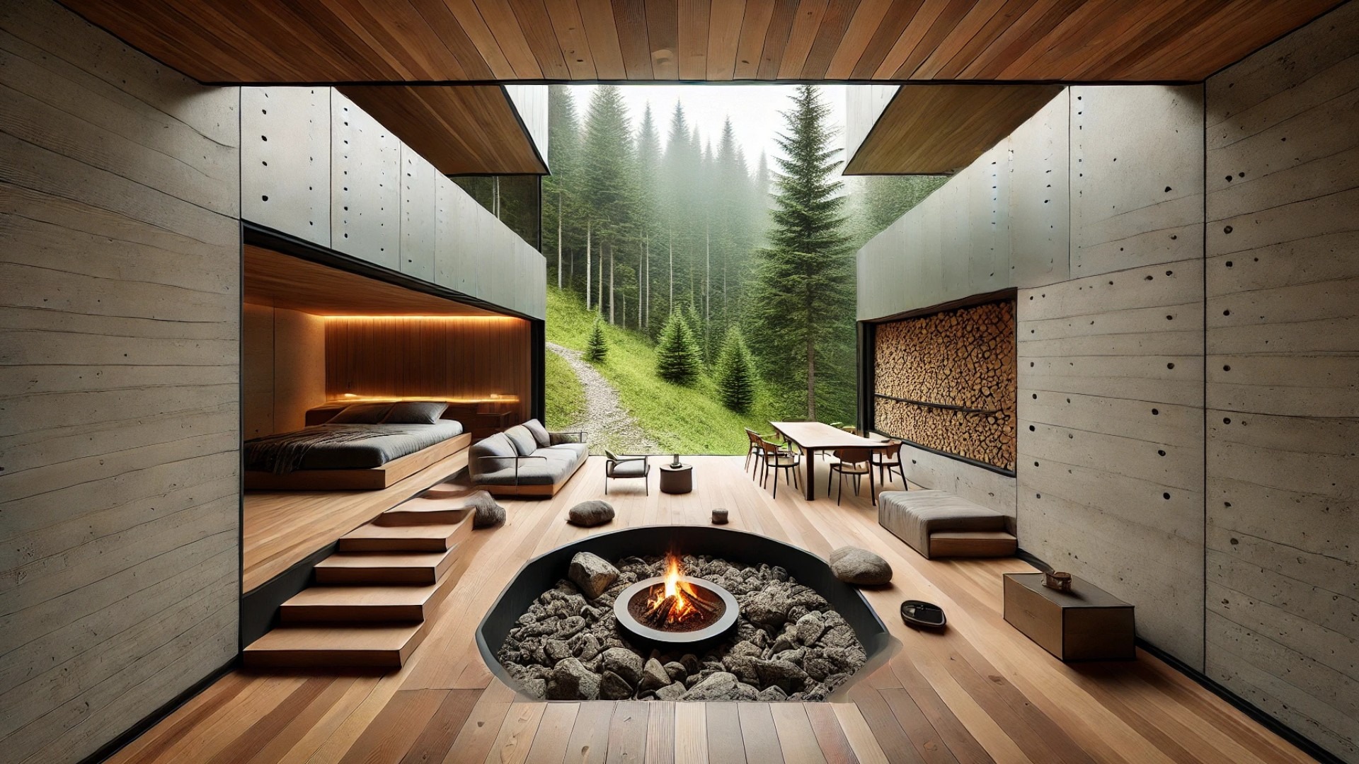 interior perspective of the Cabin In The Woods, capturing the sunken conversation pit, natural light, and materials harmonizing with the forest surroundings