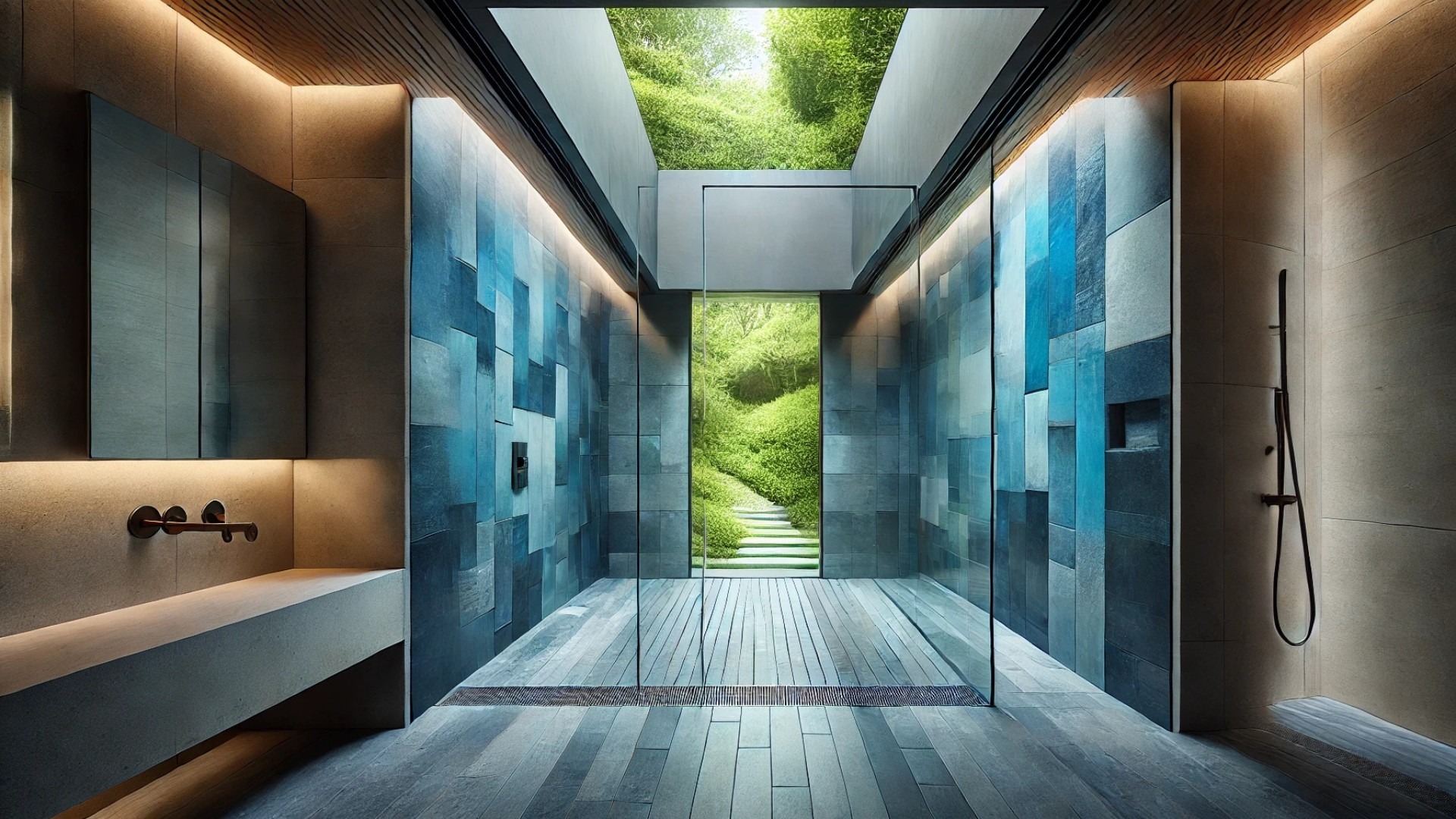 spa-like shower, featuring blue-toned tiles, a glass enclosure, a skylight, and a tranquil view of greenery