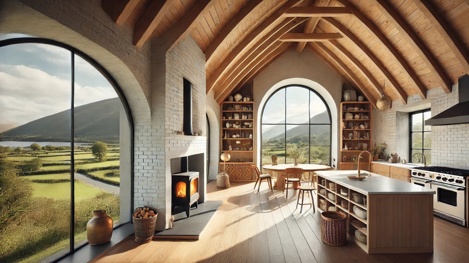Ballybrew home, capturing the warm, vaulted-ceiling aesthetic with views of the surrounding valley