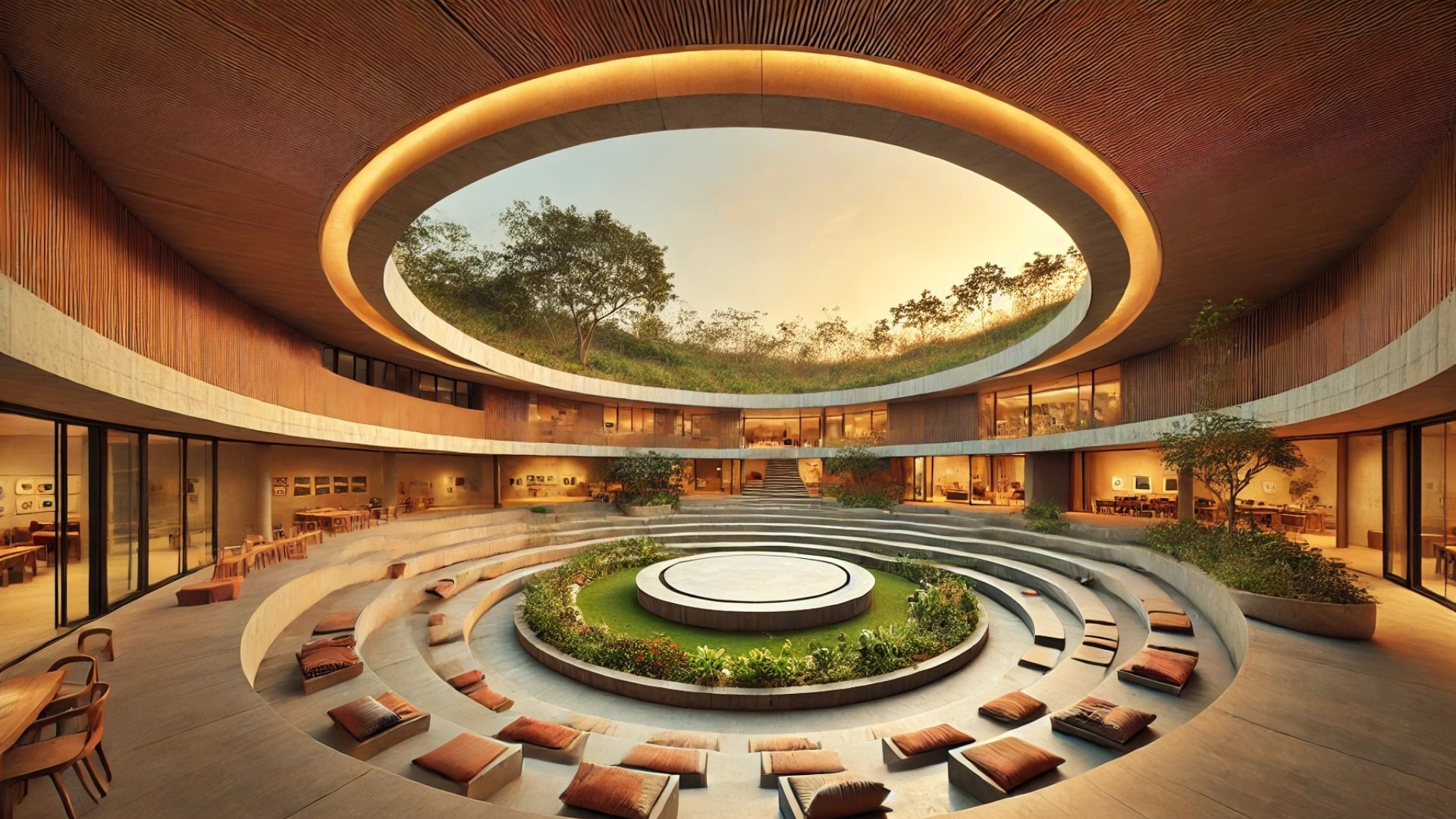 illustration of the Habitat 0 community hub, showing the terraced amphitheater, double-skin facade with arches, and natural integration with the landscape in a warm, inviting setting