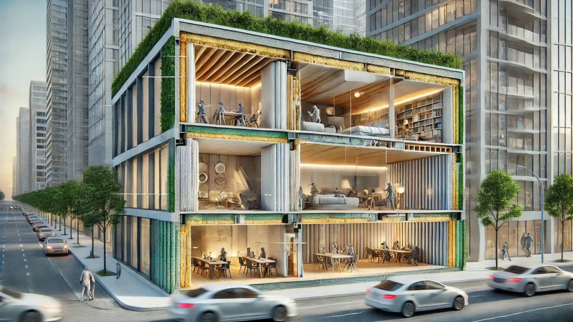 highlighting how WELL-certified building envelopes use advanced acoustic design—such as insulation layers, staggered walls, and floating floors—to create calm, quiet indoor spaces even in noisy urban environments