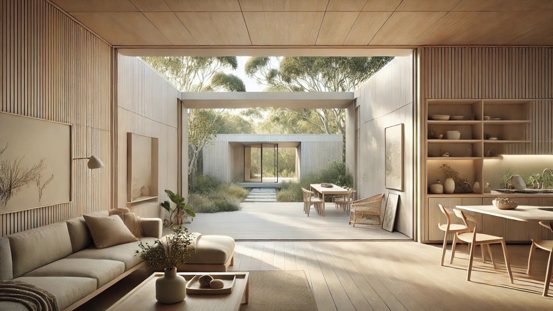 highlighting the tranquil, light-filled interior spaces of the Courtyard House, emphasizing its minimalist design and strong indoor–outdoor connection