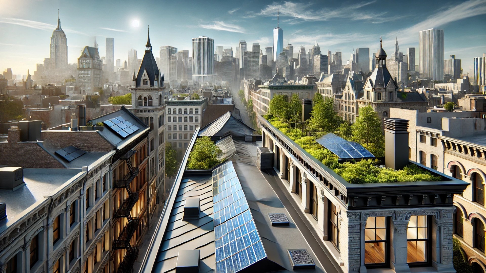 showcasing a historic New York rooftop enhanced with modern roofing technologies, blending preservation with innovation