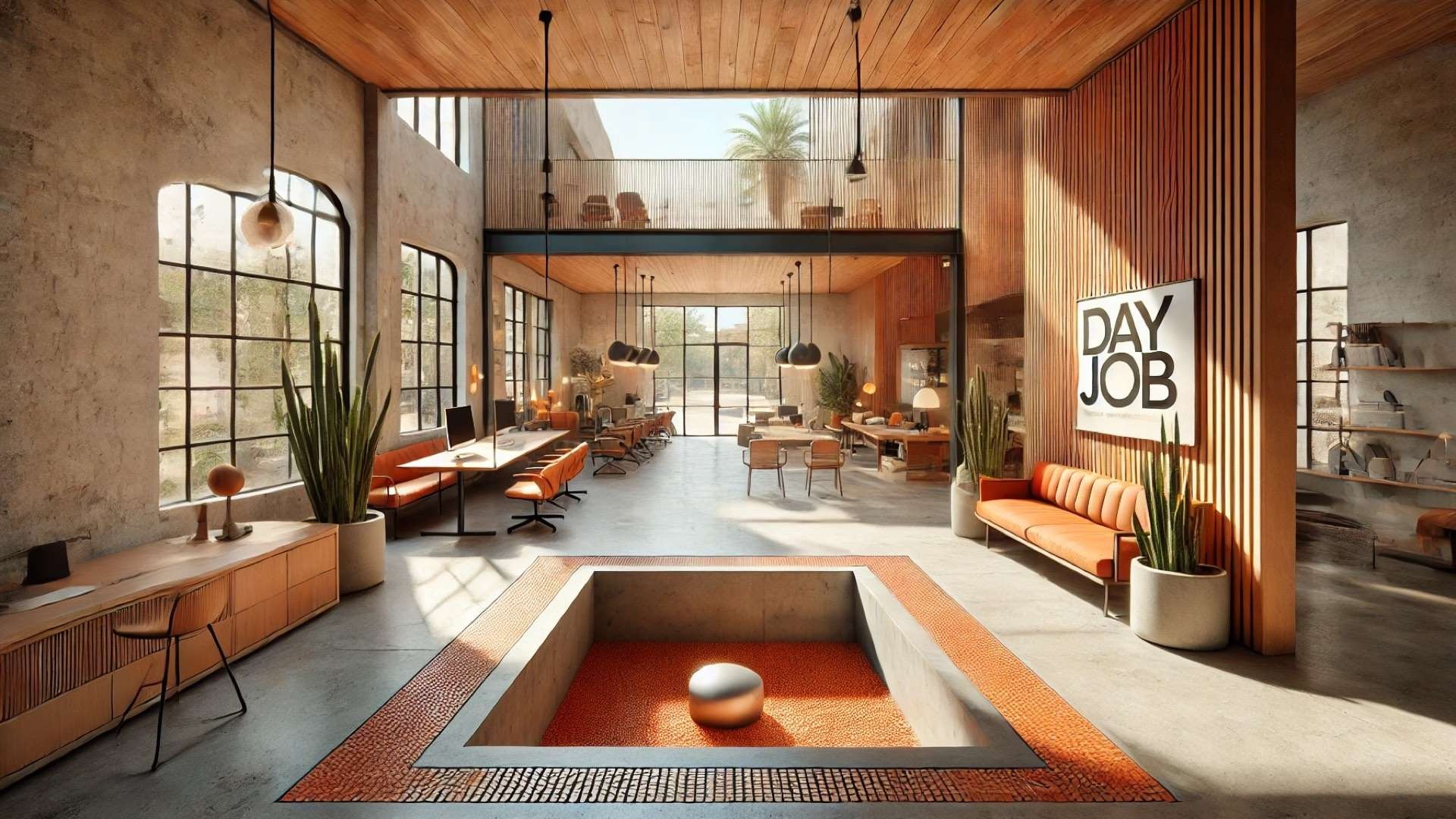 capturing the essence of the Day Job office—highlighting its sunken piazza, California-modern materials, and a blend of comfort and creative energy
