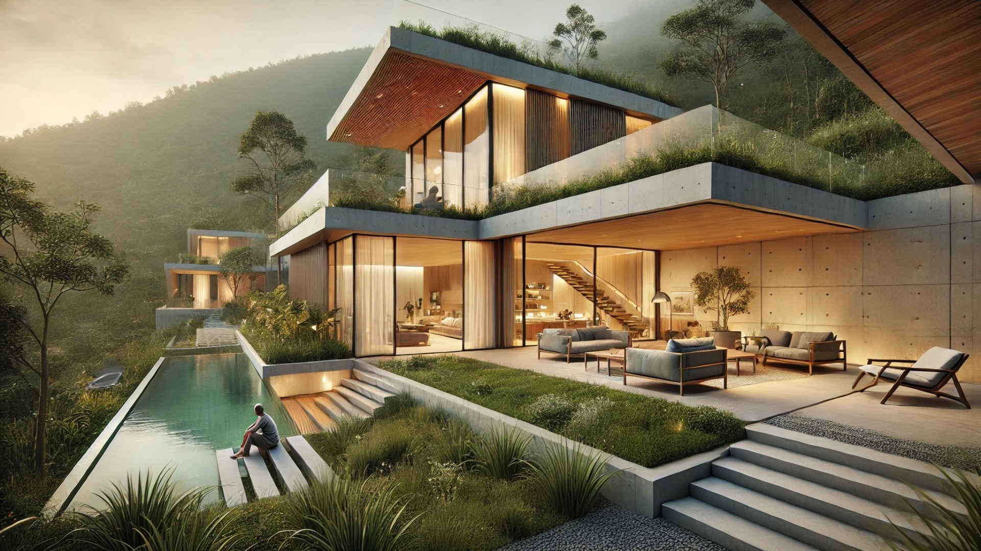 Jinjee House, showcasing its seamless integration with the sloped landscape, rooftop gardens, and open-air design that blends indoor and outdoor living