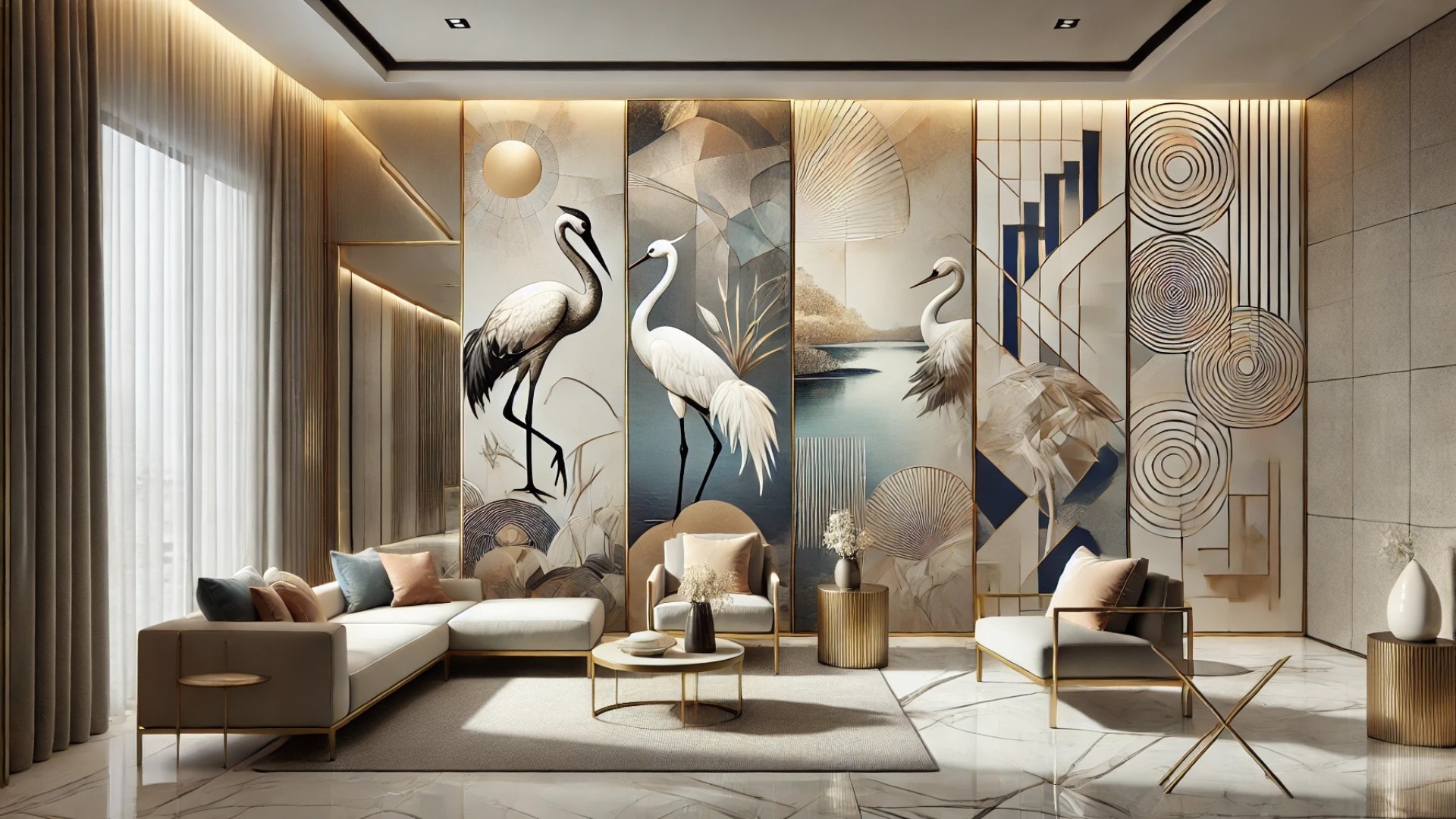 capturing the artistic ambiance and unique wallpaper designs featured in the luxury interior space